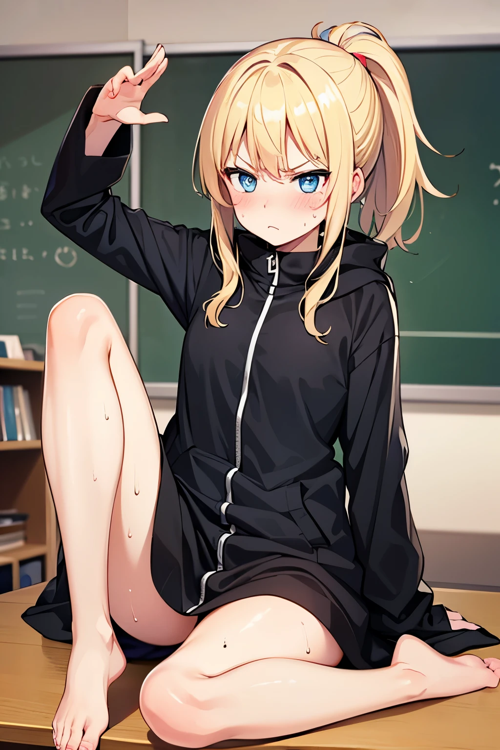 ,1 girl,blue eyes, blonde,ponytail,black long raincoat,barefoot, serious face,blush,Sweat,