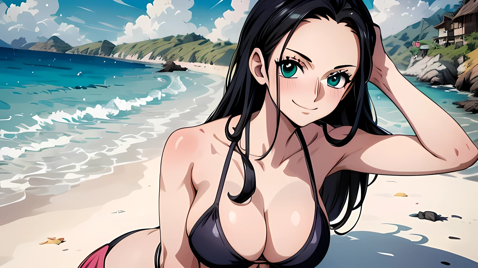 masterpiece, highest quality, 8K, ultra high resolution, highest quality, anime style, best writing, beautiful face,
Nico Robin, wano style, 1 girl, aqua eye, black hair, 最高のsmile
(straight hair), black bikini, big breasts, long hair, (free pose:1.3), smile, alone, Are standing, beach, water&#39;edge, sandy beach, ((masterpiece)) , close