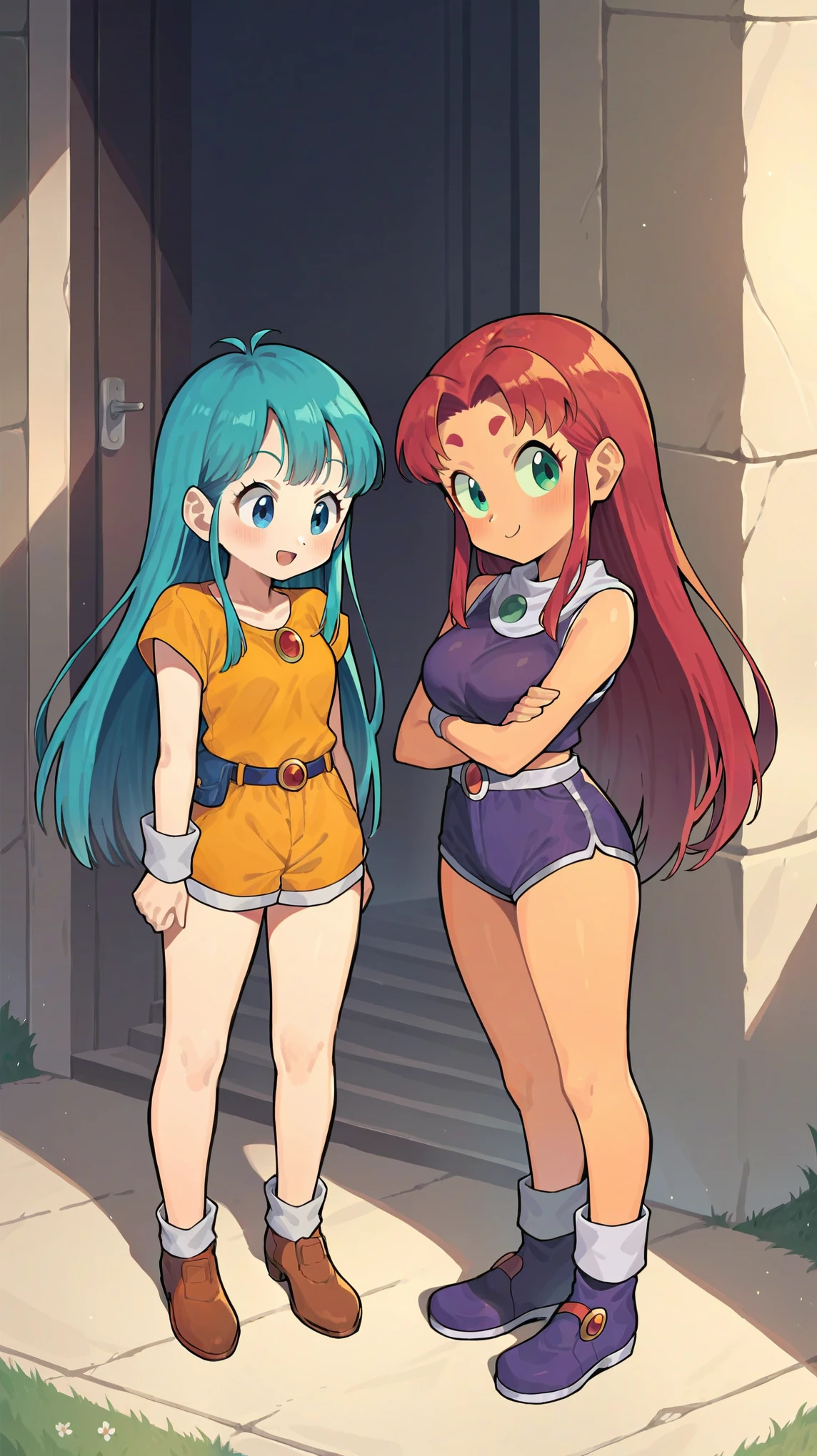 score_9, score_8_up, score_7_up, score_6_up, (by blade \(galaxist\):.6), (by null:.5), 2girls, bulma, starfire, dragon ball, titans, bulma and starfire, standing
