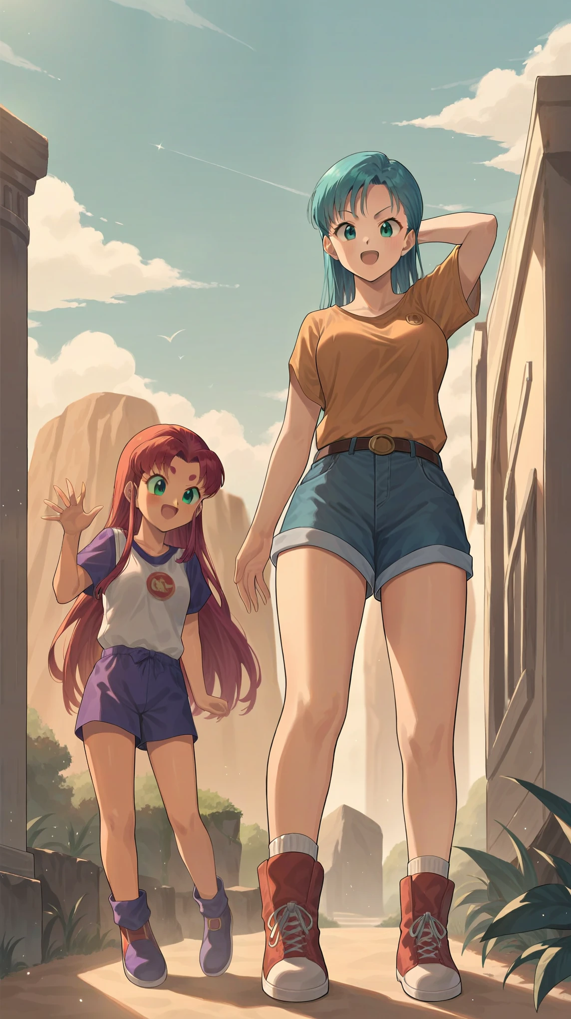 score_9, score_8_up, score_7_up, score_6_up, (by blade \(galaxist\):.6), (by null:.5), 2girls, bulma, starfire, dragon ball, titans, bulma and starfire, standing
