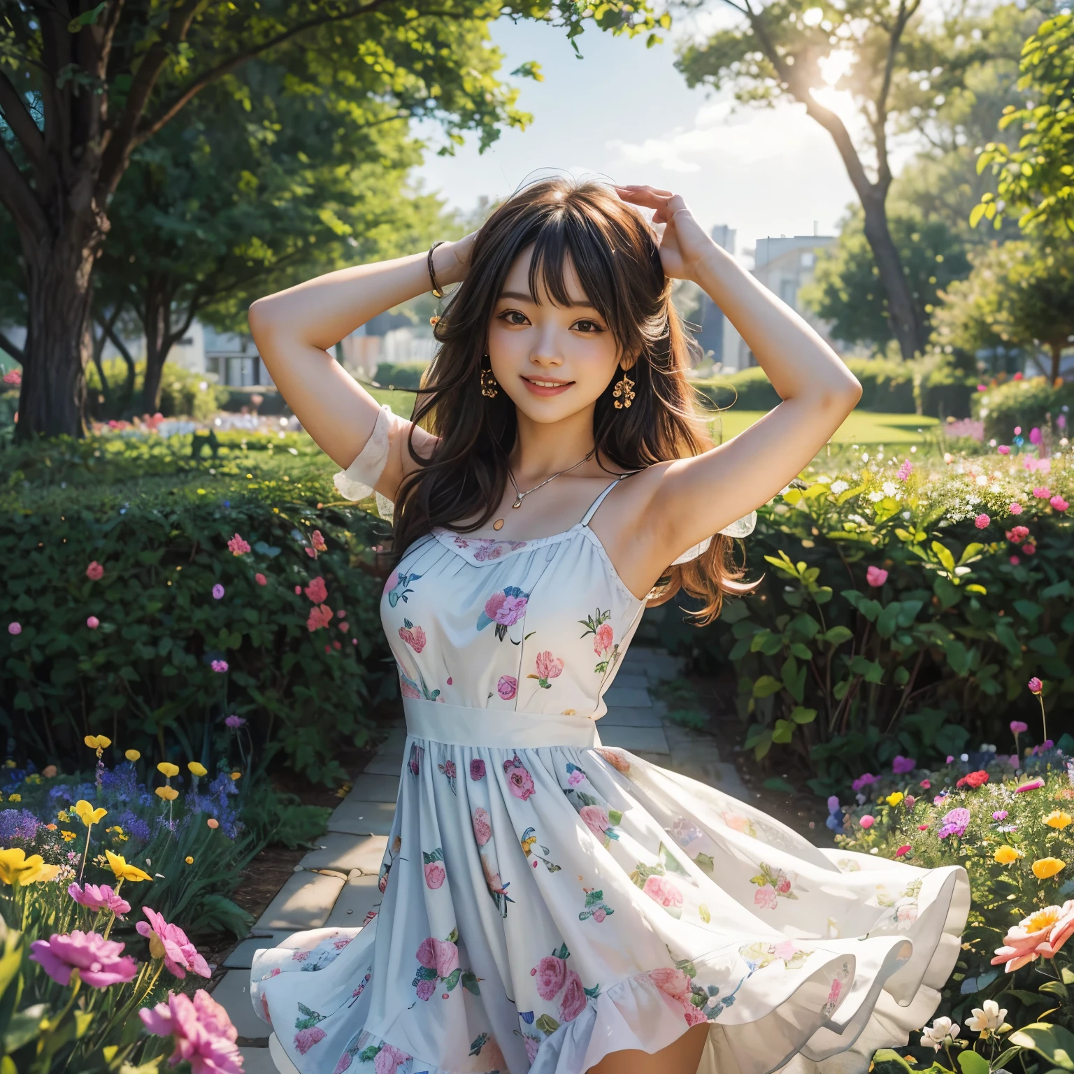 In a garden full of flowers, under the sunlight, A girl wearing a floral dress is dancing, Pretty girl with a nice smile, masterpiece, Super high quality, ultra high resolution, super high quality, 8k raw photo:1.5,, super realistic:1.5, Depth of the bounds written, HDR, random pose,