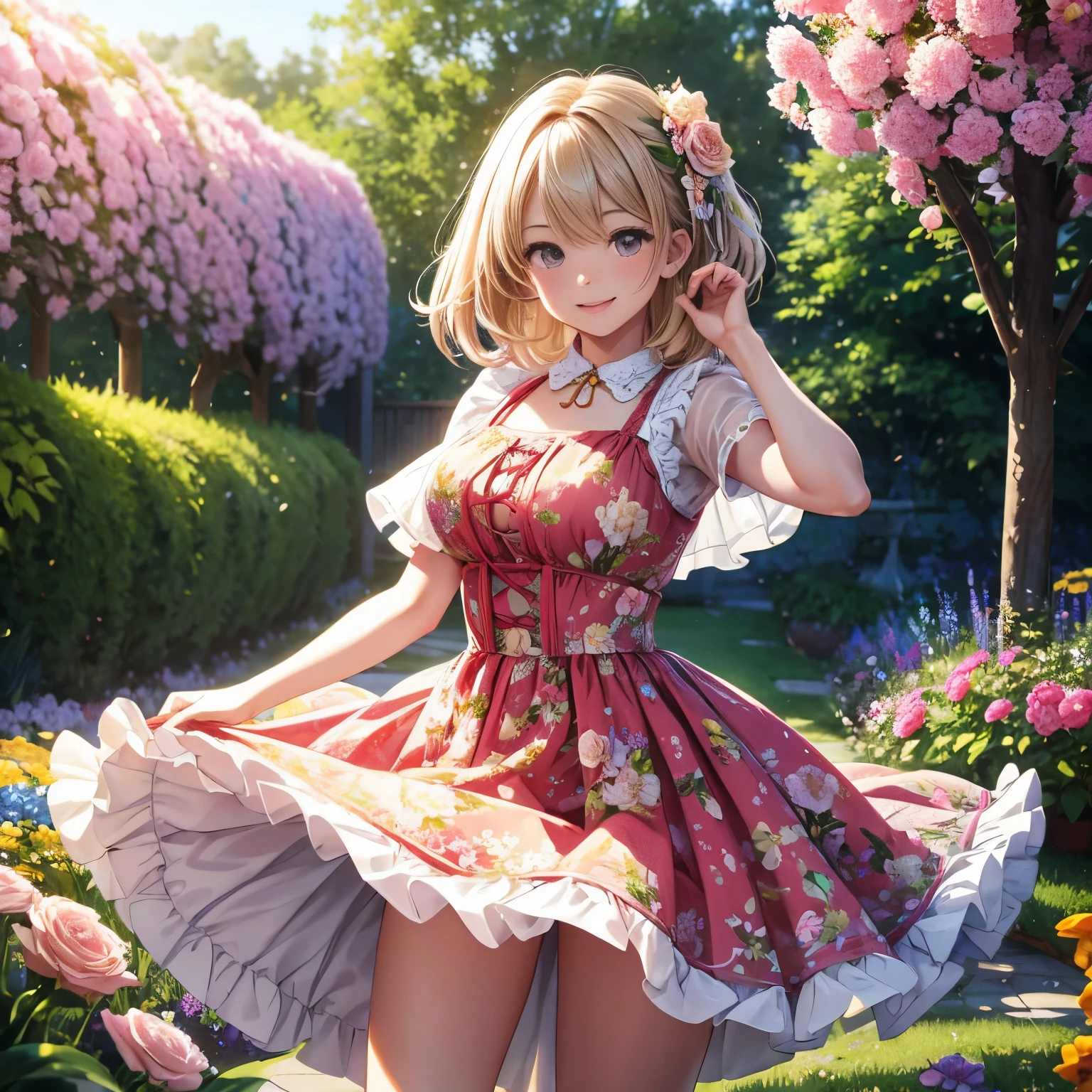 In a garden full of flowers, under the sunlight, A girl wearing a floral dress is dancing, dance, Pretty girl with a nice smile, mysterious charm, masterpiece, Super high quality, ultra high resolution, super high quality, 8k raw photo:1.5,, super realistic:1.5, Depth of the bounds written, HDR, random pose, 