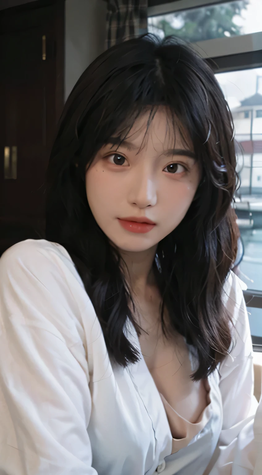 best quality,masterpiece,ultra high resolution,(realistically:1.4),1 girl,big wavy hair,double eyelids,A pair of peach blossom eyes,Raised sexy,Fair and translucent skin,looking directly at the viewer,on the yacht,full of atmosphere,Cleavage is very attractive,,(red dress:1.8),(upper part of body:1.4),