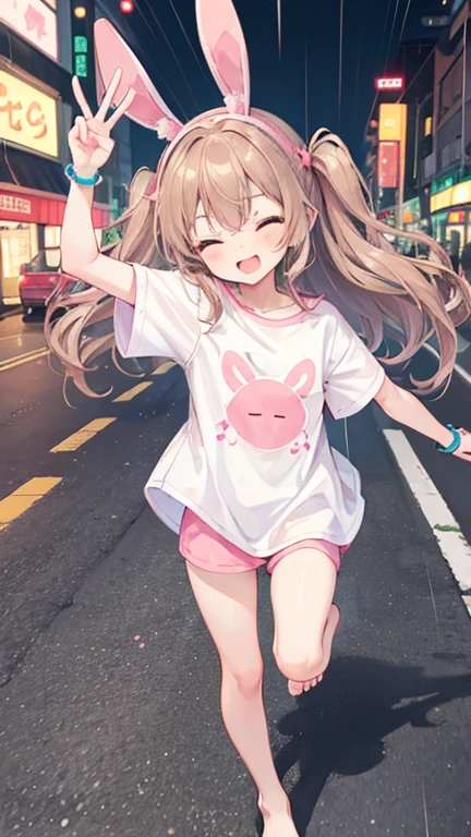 a cute 7 year old christian girl named Bella, long wavy hair, night time, light brown hair, well lit bustling city, joyful, slight smile, eyes closed, running , white/pink short sleeved tshirt, no pants wristbands, barefoot, running, winking, slight rain, hand details, feet details, wearing no shoes, very skinny, cute blue eyes, winking, pink hairband with pink bunny ears, peace sign pose, sole of foot