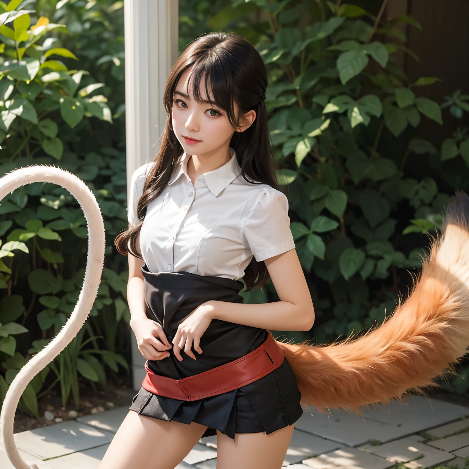 Girl with a furry tail ,赤狐のようなtail, tail, collared shirt,table top, 最high quality, figure, Ultra-detailed, finedetail, High resolution, 8k wallpaper, 完璧なダイナミックな構figure, Beautiful detailed eyes,Full body shot，Show me your whole body、thin and transparent、long hair, ,smile,Harajuku、20 year old girl、eyeliner、beautiful bangs、hair between eyes、最high quality、ultra-detailliert、film light、tail、High resolution、ighly detailed))、detailed background、8KUHD、Digital single-lens reflex camera、soft light、high quality、film grain、Fujifilm XT3 、shallow depth of field、natural soft light、Kamimei、I looked at my knees., sexy shot looking at camera、on the leg、Full body shot facing the camera、Turn around and touch the tail that grows from your butt.、(The tail is pushing up the miniskirt:1.9)、(small breasts:1.9), (Thick and bushy red fox tail:1.9)、(A tail extends from the coccyx:1.9)、(Stick your butt out towards the camera and show off the tail that grows out of your butt.:1.9)
