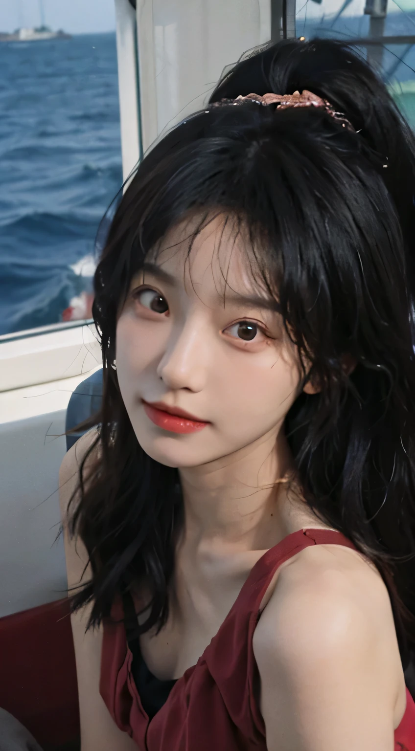 best quality，masterpiece，ultra high resolution，（realistically：1.4），1 girl，big wavy hair，double eyelids，A pair of peach blossom eyes，Raised sexy，Fair and translucent skin，looking directly at the viewer，on the yacht，full of atmosphere，Cleavage is very attractive，，（red dress：1.8），（upper part of body：1.4），