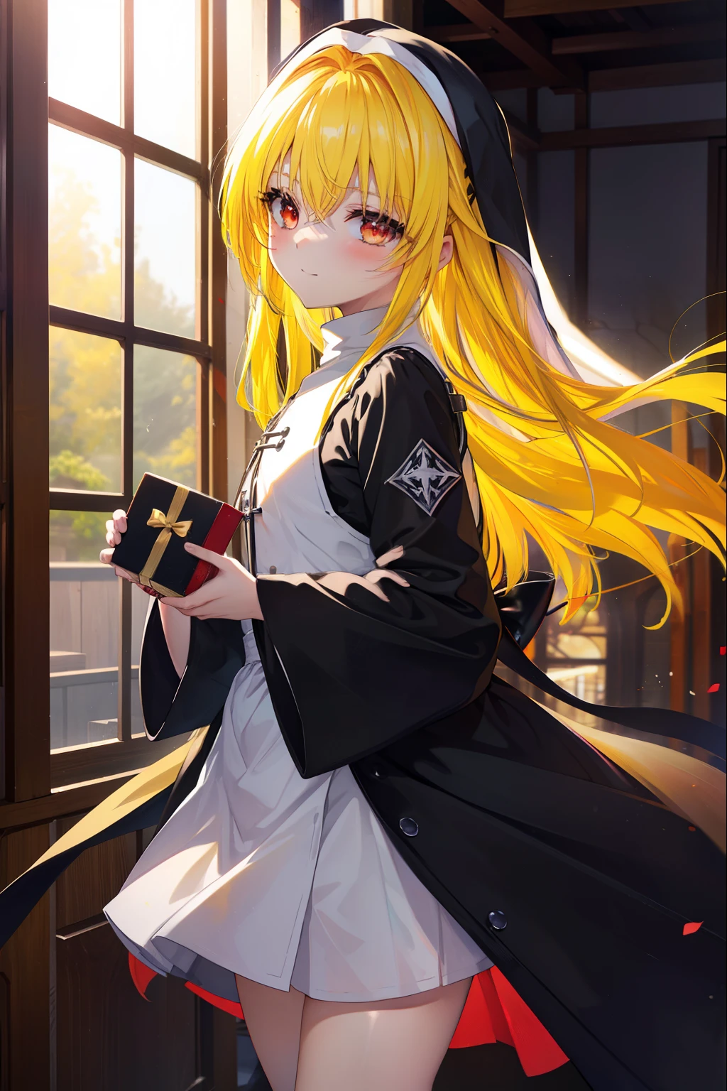 toloverumy, my, (yellow hair:1.5), long hair, (red eyes:1.5), (hair ornaments:1.2), (small box:1.2), smile,blush,break habit, long sleeve,black nun, robe, black robe, wide sleeve,祈りの手
break indoors,church ,
break looking at viewer, (cowboy shot:1.5),
break (masterpiece:1.2), highest quality, High resolution, unity 8k wallpaper, (figure:0.8), (detailed and beautiful eyes:1.6), highly detailed face, perfect lighting, Very detailed CG, (perfect hands, perfect anatomy),