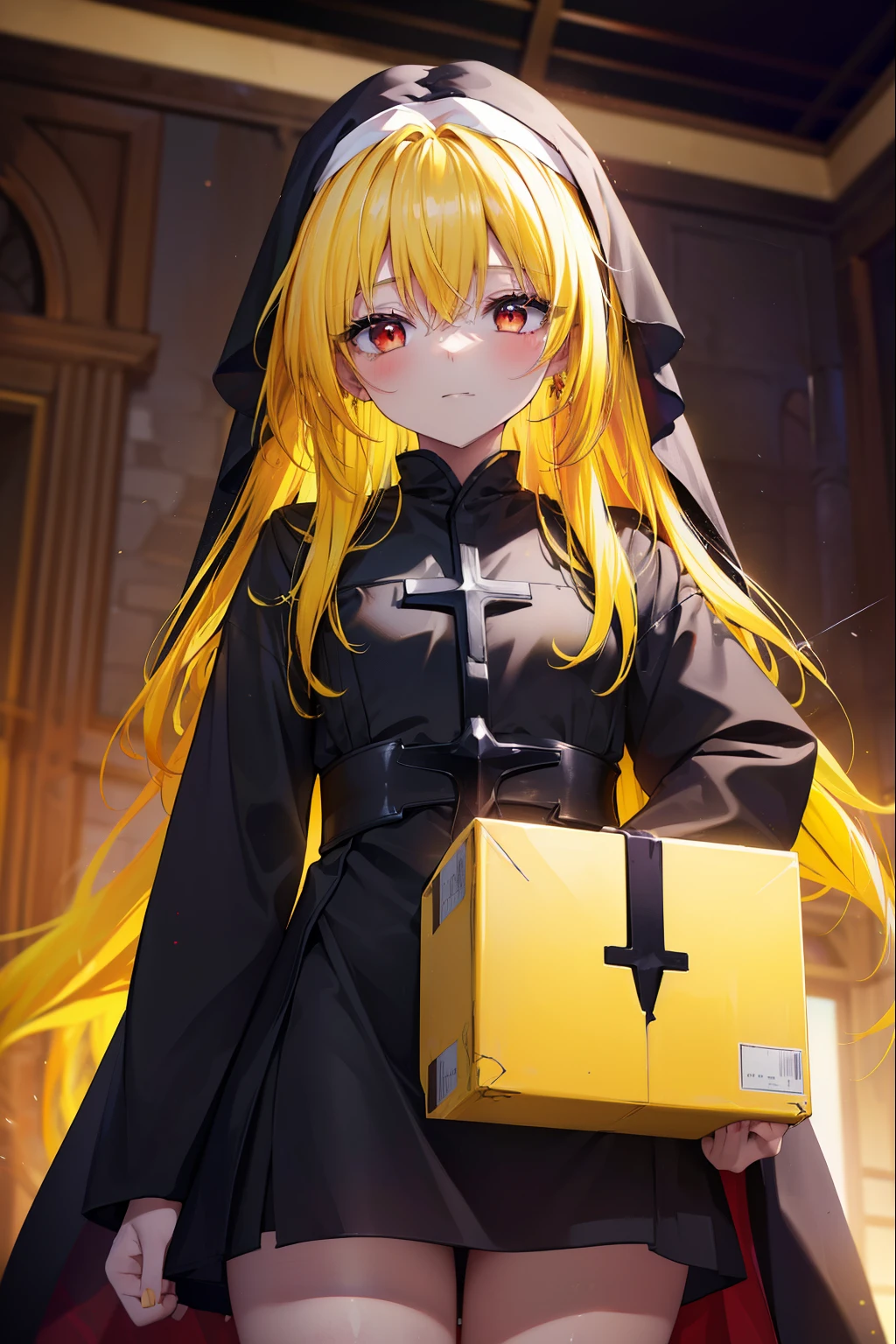 toloverumy, my, (yellow hair:1.5), long hair, (red eyes:1.5), (hair ornaments:1.2), (small box:1.2), smile,blush,break habit, long sleeve,black nun, robe, black robe, wide sleeve,祈りの手
break indoors,church ,
break looking at viewer, (cowboy shot:1.5),
break (masterpiece:1.2), highest quality, High resolution, unity 8k wallpaper, (figure:0.8), (detailed and beautiful eyes:1.6), highly detailed face, perfect lighting, Very detailed CG, (perfect hands, perfect anatomy),