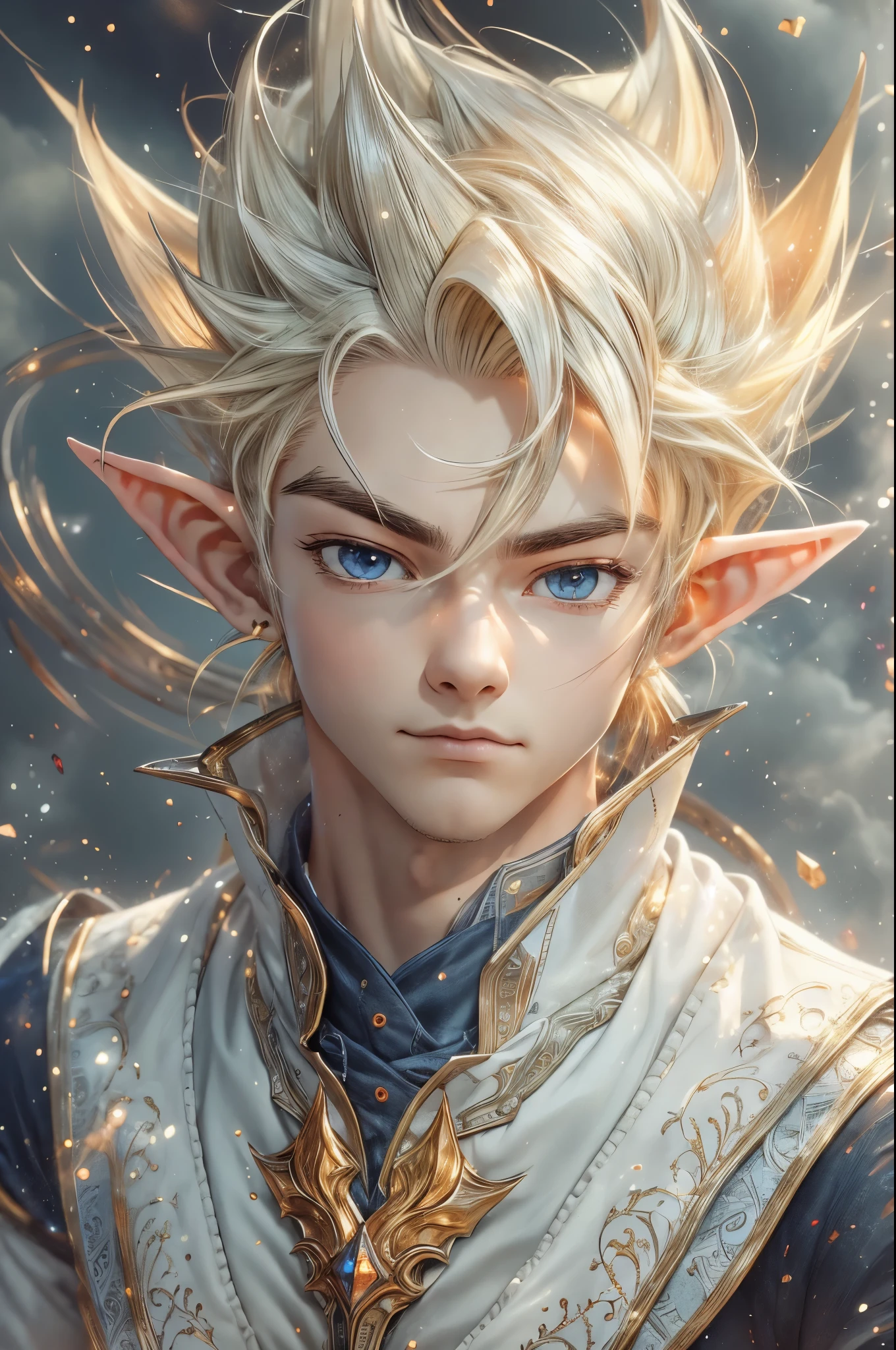 (master piece), 8k, best quality, panoramic view, full body, elf boy, childlike appearance, male, teenager, ************, 1.70 meters tall, white skin, thin body, pointed elf ears, beautiful finely detailed silver eyes, high forehead, spiky yellow blonde hair like Gohan from the anime dragon ball (super saiyan), Round face, highly detailed, sharp focus, Incredibly handsome, looking at camera, conservative elven outfit, conservative posture, in standing, calm appearance,