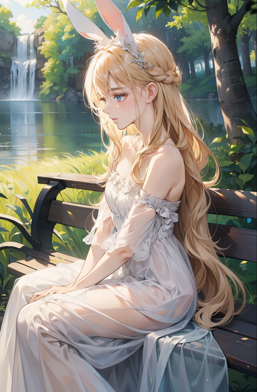 ((Natural beauty, high definition: 1.2)), 1 girl, 20-year-old dehuman Bunny with an ethereal allure: 1.3, ((Unaltered, organic appearance: 1.1)), slender figure: 1.2, side profile: 1.4, long wavy hair cascading down her back: 1.3, delicate features: 1.4, expressive eyes: 1.2, ((Naturally lit environment: 1.1)), wearing a flowy dress: 1.1, ((Subtle makeup, minimal accessories: 1.1)), sitting gracefully on a wooden bench: 
