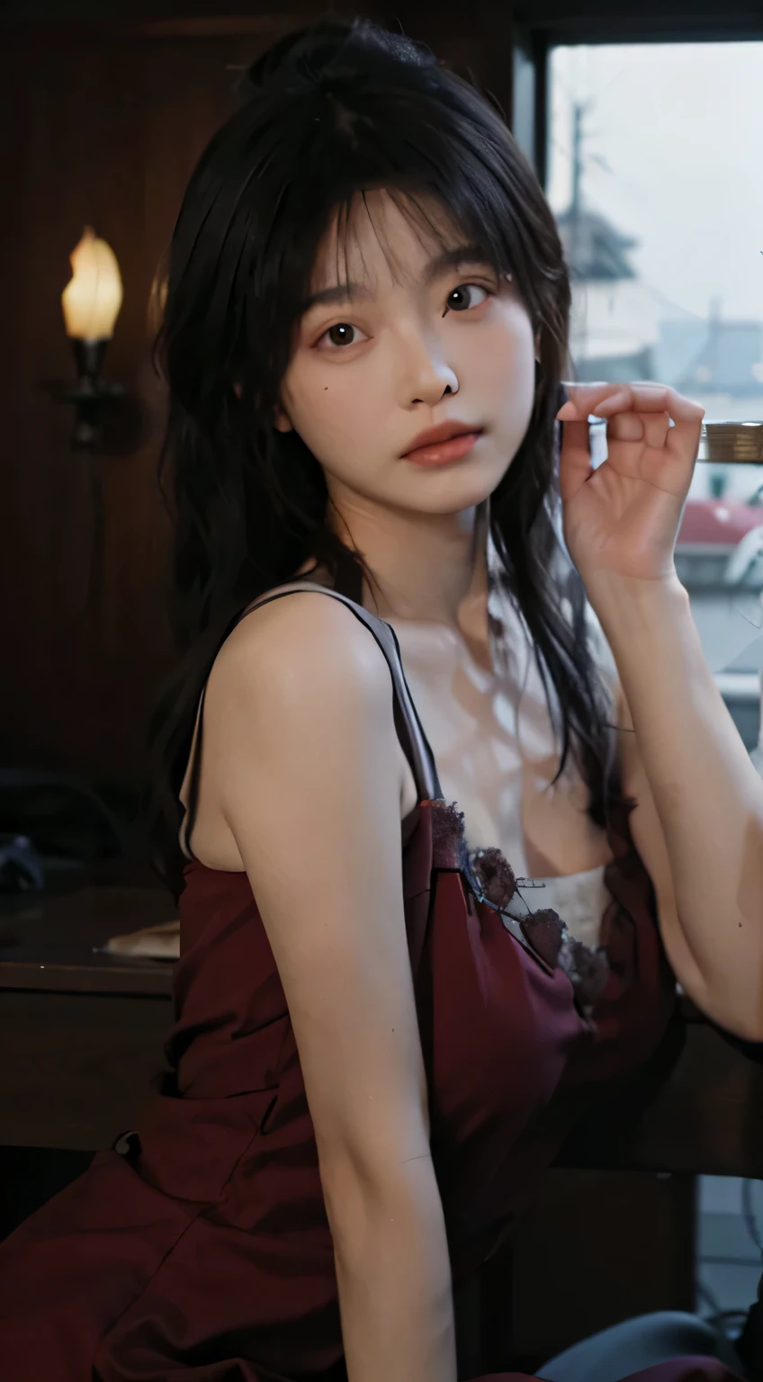 best quality，masterpiece，ultra high resolution，（realistically：1.4），1 girl，big wavy hair，double eyelids，A pair of peach blossom eyes，Raised sexy，Fair and translucent skin，looking directly at the viewer，on the yacht，full of atmosphere，Cleavage is very attractive，，（red dress：1.8），（upper part of body：1.4），Stunning beauty and perfect figure，Her appearance is as intoxicating as a work of art。On the tall and beautiful forehead，The slender eyebrow arch gently outlines her unique temperament。The eyes are as bright as the stars，crystal clear，Shimmering with wisdom and mystery。

She has a thin and straight nose bridge，Replenish delicate, small lips，The slightly upward angle makes people fall into her world。Her chin is long and gentle，Smooth lines，Added firmness and confidence to her face。

That flawless skin is as transparent as glass，Exuding health and radiance。touch her skin，it&#39;Like touching delicate and smooth silk。Her face has soft lines，without any defects，Perfectly showing her purity and elegance。

Her hair is like a black waterfall，Thick and shiny，hang gently on shoulders。Whether it’s a tied up bun or long, loose hair，All give people an elegant and charming feeling。She wears a pair of delicate earrings on her earlobes，it further highlights her nobility and magnificence。

Beautiful figure, perfect figure and tall figure，alluring curves。The slender and well-proportioned figure outlines a perfect S-shaped curve，Show her elegance。Slender waist and faintly visible collarbones，it sets off her elegant temperament。Slender and straight legs exude confidence and strength，Every move exudes stage charm。

这位Stunning beauty and perfect figure，Her appearance and figure seem to come from a fairy tale fairyland。Her beauty is stunning，like a shining light，Illuminated the whole world。No matter which angle you look at，She exudes irresistible charm and charming aura。