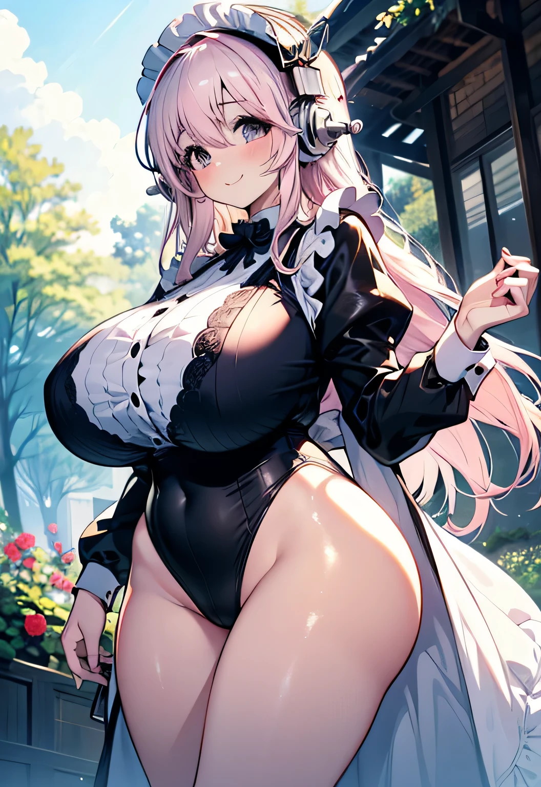 Erotic Anime Illustration、High resolution、Plump gal maid seducing in English garden、super sonic、beautiful eye aid clothes、Ecstatic smile、Overwhelming huge breasts that go beyond common sense、thick legs with fat、perfect proportions、cowboy shot