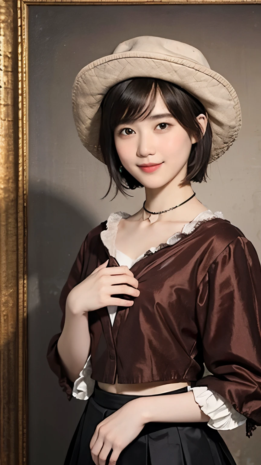 186 Short hair, 20 year old female, gentle smile, (rembrandt style painting), (chest:1.46), (wearing a skirt)
