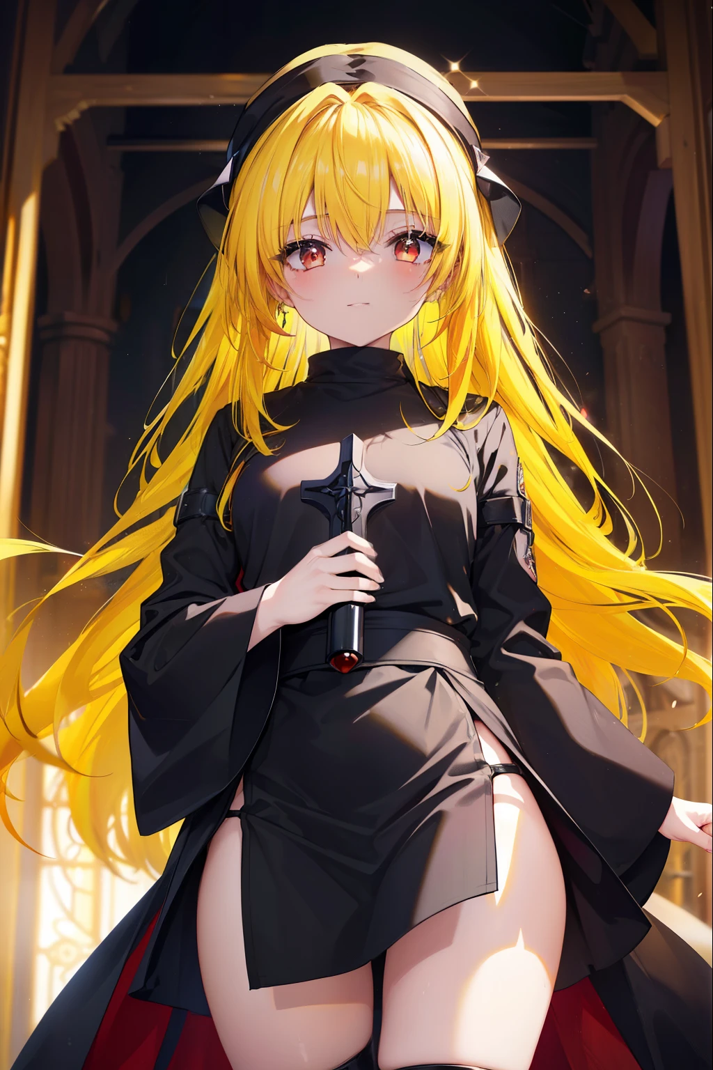 toloverumy, my, (yellow hair:1.5), long hair, (red eyes:1.5), (hair ornaments:1.2), smile,blush,break habit, long sleeve,black nun, robe, black robe, wide sleeve,祈りの手
break indoors,church ,
break looking at viewer, (cowboy shot:1.5),
break (masterpiece:1.2), highest quality, High resolution, unity 8k wallpaper, (figure:0.8), (detailed and beautiful eyes:1.6), highly detailed face, perfect lighting, Very detailed CG, (perfect hands, perfect anatomy),