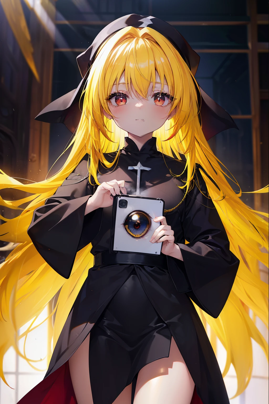 toloverumy, my, (yellow hair:1.5), long hair, (red eyes:1.5), (hair ornaments:1.2), smile,blush,break habit, long sleeve,black nun, robe, black robe, wide sleeve,祈りの手
break indoors,church ,
break looking at viewer, (cowboy shot:1.5),
break (masterpiece:1.2), highest quality, High resolution, unity 8k wallpaper, (figure:0.8), (detailed and beautiful eyes:1.6), highly detailed face, perfect lighting, Very detailed CG, (perfect hands, perfect anatomy),