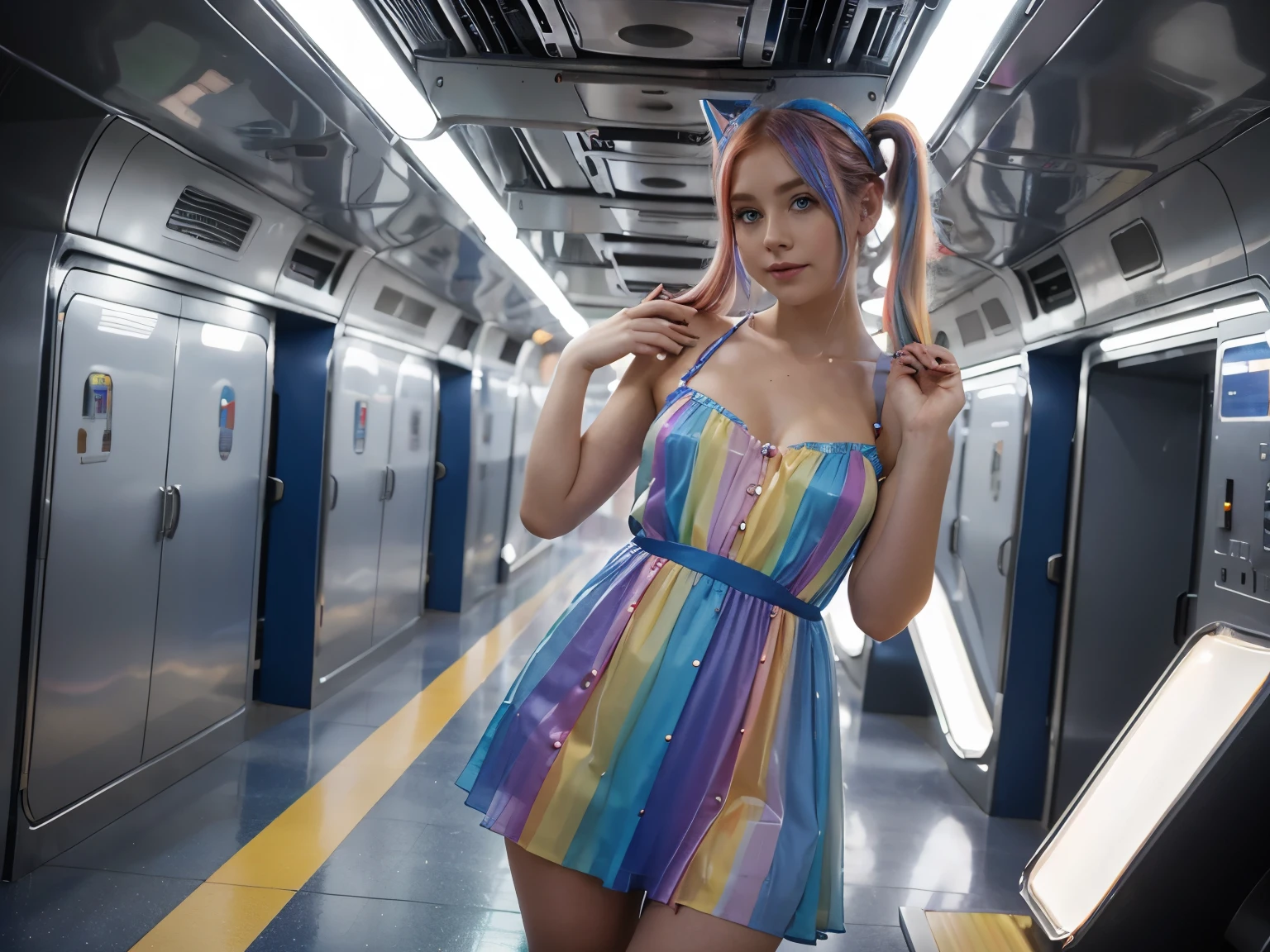 Cute redhead with rainbow colored hair tips, ribbons in her hair, 18-year-old woman, happy, in twin tails, perfect symmetrical eyes, clear sparkling blue eyes, pale skin, silky smooth skin, standing on a fancy metal luxurious space ship, futuristic corridor, dark warm lighting, wearing a futuristic dress, pleated (chemise) mini dress (pastel rainbow colors, and polka dots), wearing full body pantyhose, cute short cut booties.