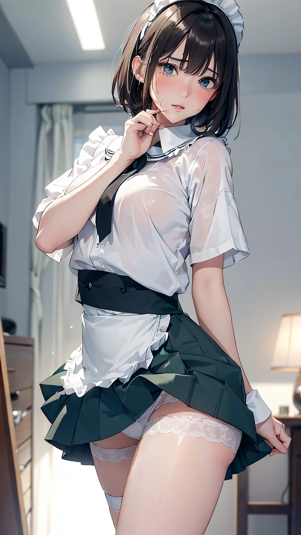 (masterpiece: 1.3), (maximum resolution: 1.2), (ultra high definition tv: 1.2), cinema light, 8K resolution, fine eyes and skin, detailed faceの特徴, , (focus clearly on the chest: 1.2), (the focus is on the face:1.2),perfect style, cute face, Accurate, anatomically correct, Highly detailed face and skin texture, fine eyes, double eyelid, thin eyebrows, glitter eyeliner: 1 natural cheek, shiny skin, Fair skin, Glossy skin: 1.2, (glossy lips: 1.4),、 (embarrassed look: 1.2),20 year old female, (detailed face:1.2), (highest quality:1.2), Retrospective shot of rear loam、angle from below, Low - Angle, from behind, cinematic lighting, perfect style, beautiful face, (skirt lift:1.4), loose and wrinkled white panties, stockings, blush、humiliation、impatience、glare、tears、embarrassing、surprised expression、humiliationの表情、 (Maid clothes:1.1),Sweat、short hair、Retrospective shot of rear loam、Low - Angleから、soaking wet、Sperm in the ass、sperm on thigh、flowing sperm(attractive ass:1.2),、Masturbation with exposed pants in disheveled clothes、love juice、tearsを流す、プラチナblonde、blonde、blue gray eyes、green gray eyes、