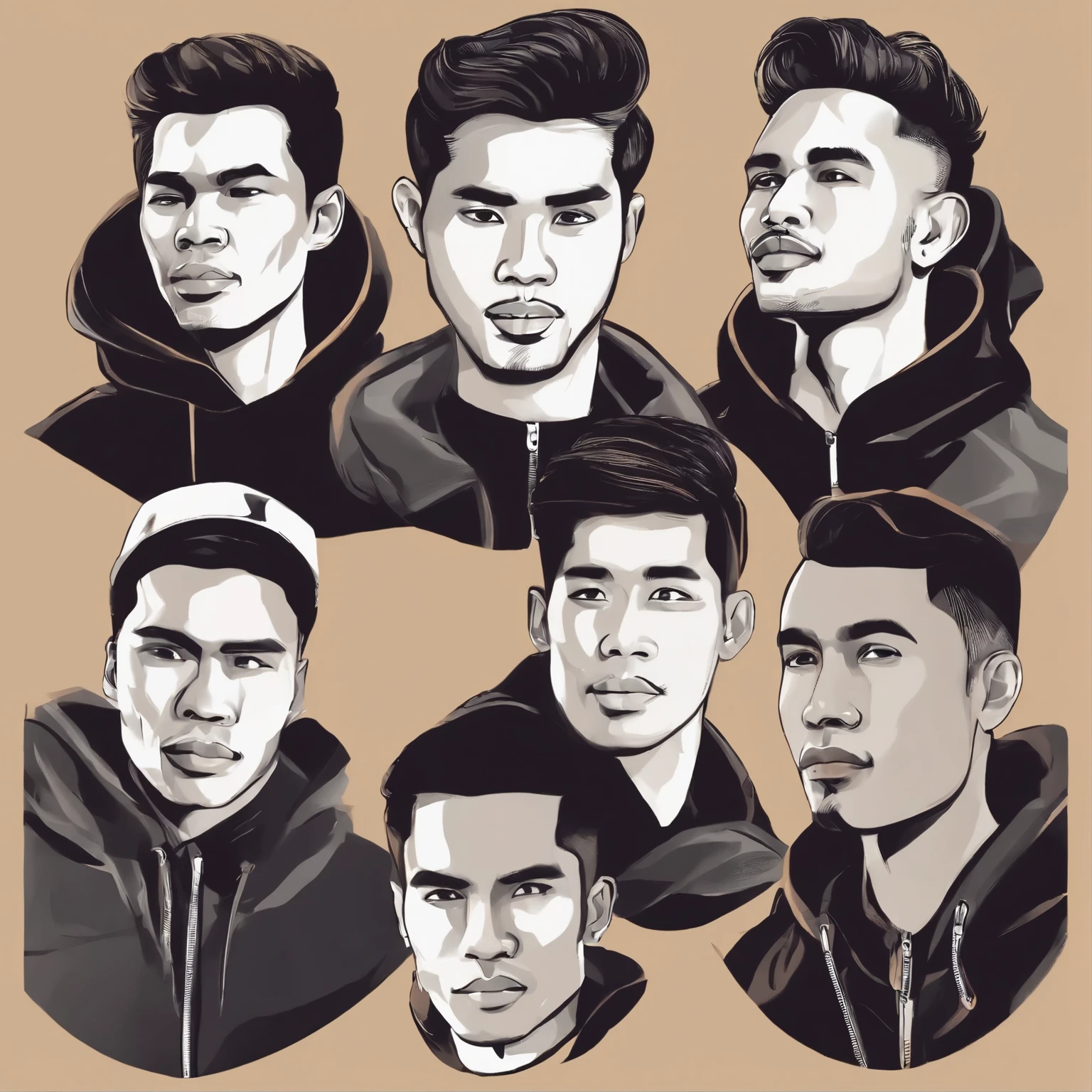 Eight handsome Indonesian men, wearing the same hoodie, but in different colors