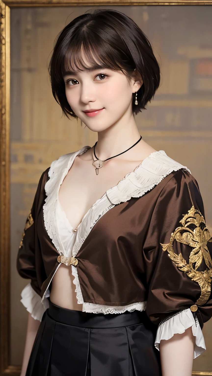 186 Short hair, 20 year old female, gentle smile, (rembrandt style painting), (chest:1.46), (wearing a skirt)
