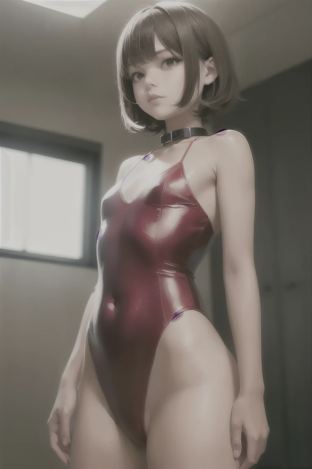 ((Medium, Tomboy, Small Head)), (Perfect Body: 1.1), (Short Wavy Hair: 1.2), Reddish Brown, Collar, Chain, Full Body Shot, Crowded City, nude, detailed nipples, detailed vagina, white leotard, (Very Elaborate CG 8K Wallpaper), (Very Delicate and Beautiful), (Masterpiece), (Best Quality): 1.0), (Ultra High Definition: 1.0), Beautiful lighting, perfect lightning, Realistic Shadows, High Resolution, Detailed Skin, Super Detail ((Colorful)), short stature, young,