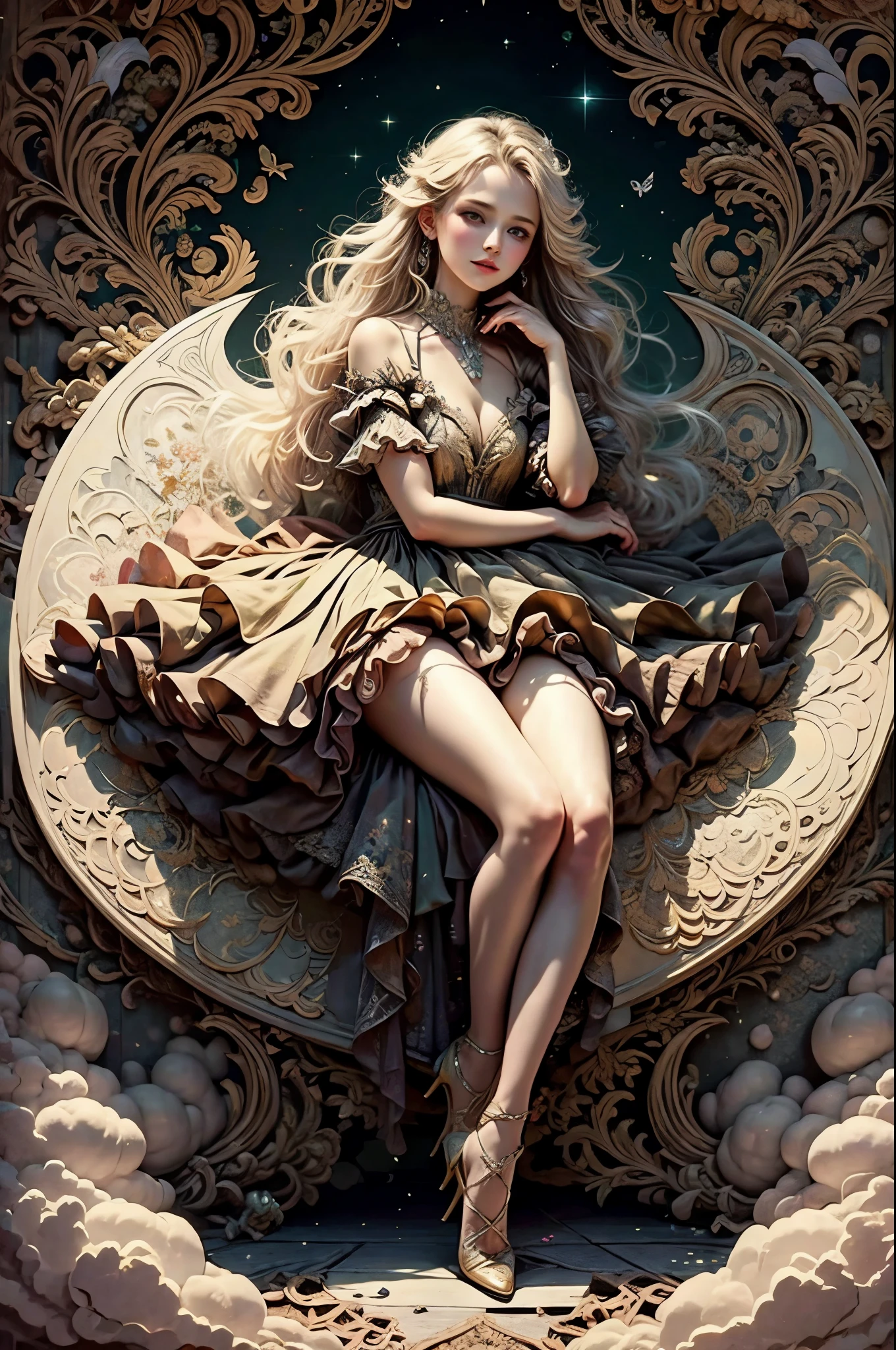 official art, unity 8k wallpaper, super detailed, beautiful and aesthetic, full body portrait、sit on a chair、beautiful脚、high heels、high quality, beautiful, masterpiece, 最high quality, (zentangle, mandala, tangle, entangle:0.6)