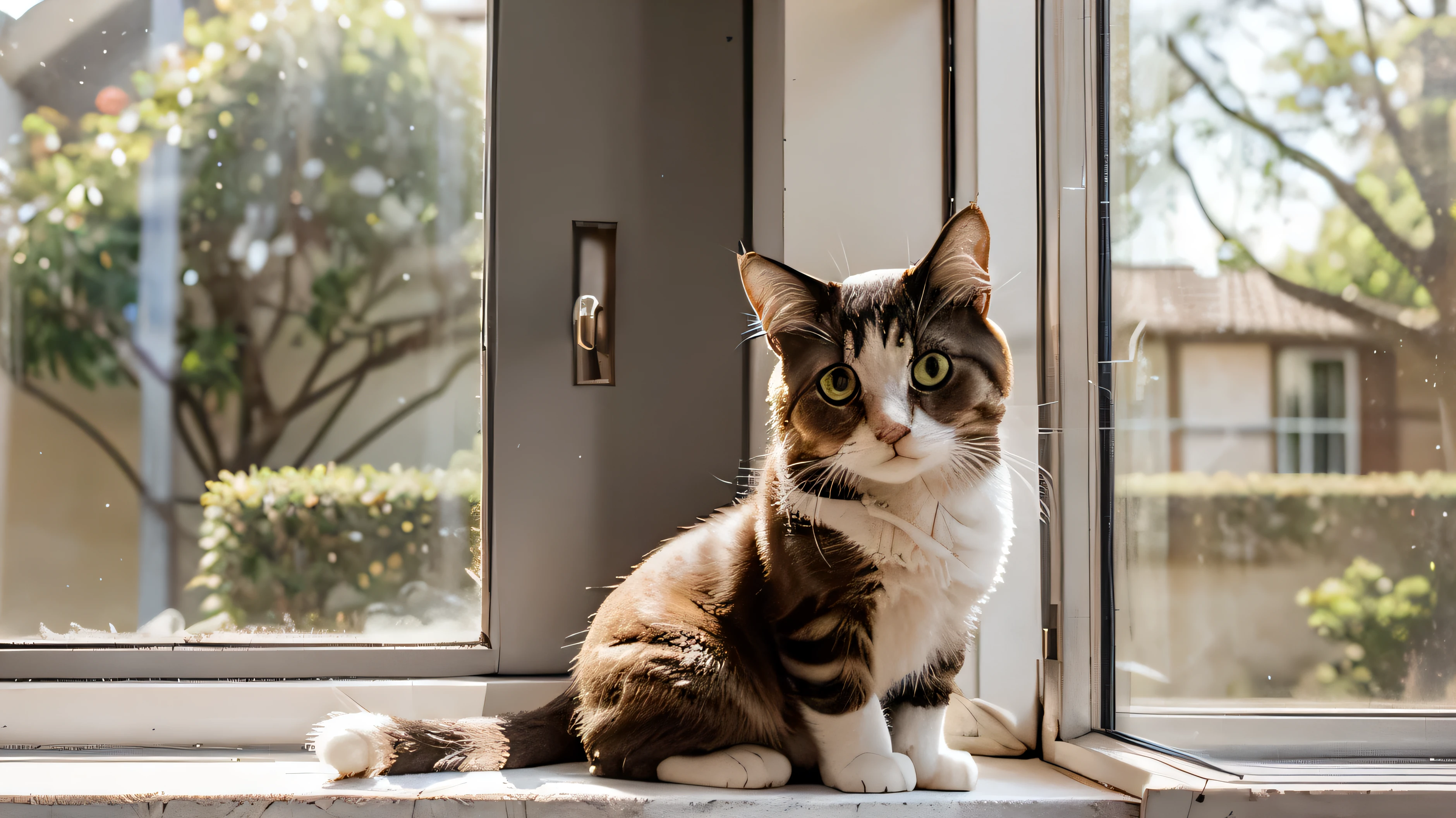 Un gato adorable y esponjoso con brillantes, ojos grandes que brillan con curiosidad, wagging his little pink nose as he sits contentedly on a sunlit window sill, purring softly as he watched with great interest the passing birds