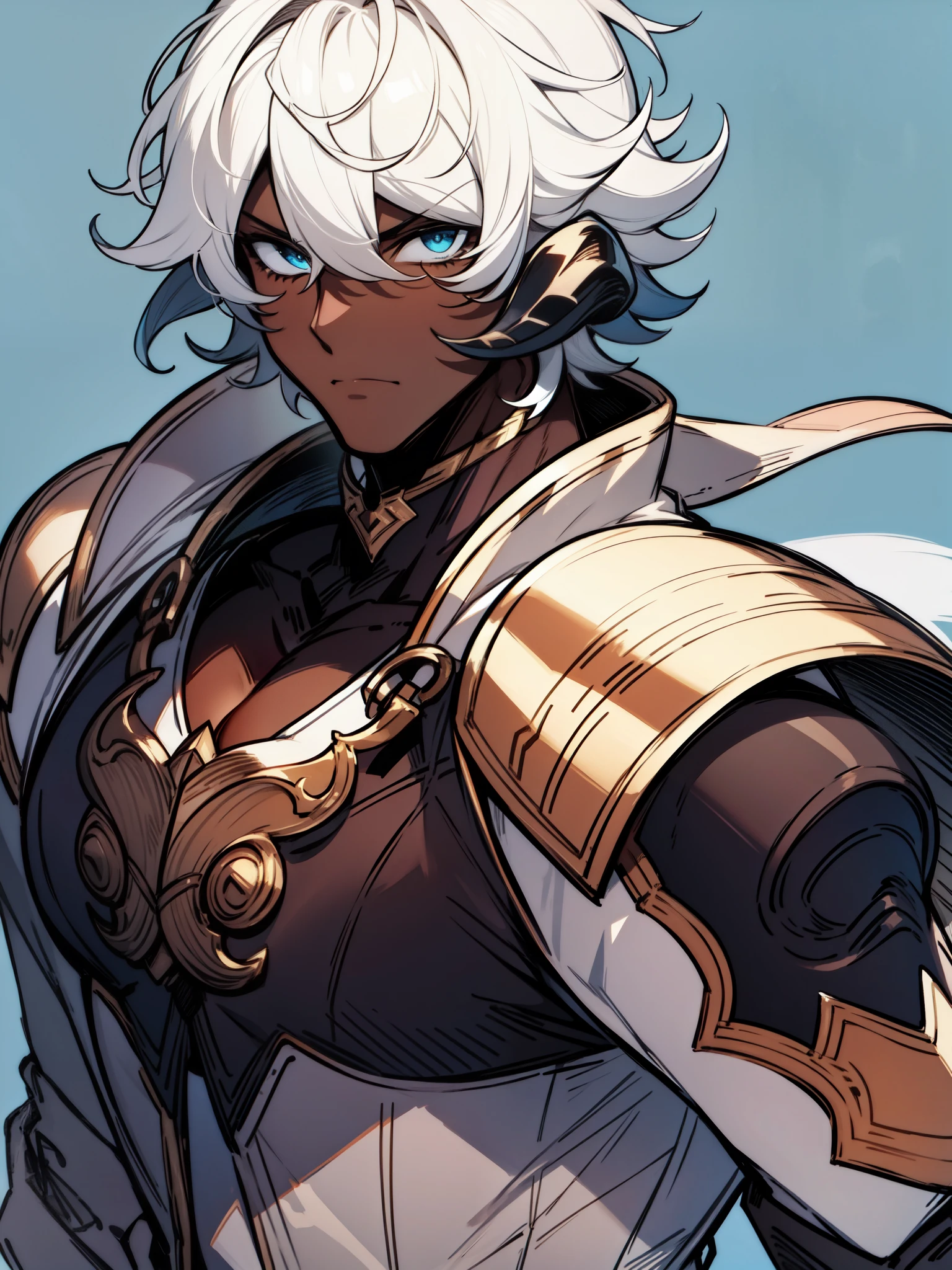 ((white hair)), ((front horns)), ((black au ra)), (((dark skin))), (knight (final fantasy), ((serious expression)), ((armor)), ((fantasy)), ((muscular build)), (((complementary colors))), ((mature male)), 1boy, beautifully drawn, high resolution illustration, best quality, High definition, ((detailed anime sketch)), Masterpiece, (solo), absurdres, portrait, ((upper body)), ((wild hair)), detailed background, fine detail, male focus, HDR, ((short hair)),
