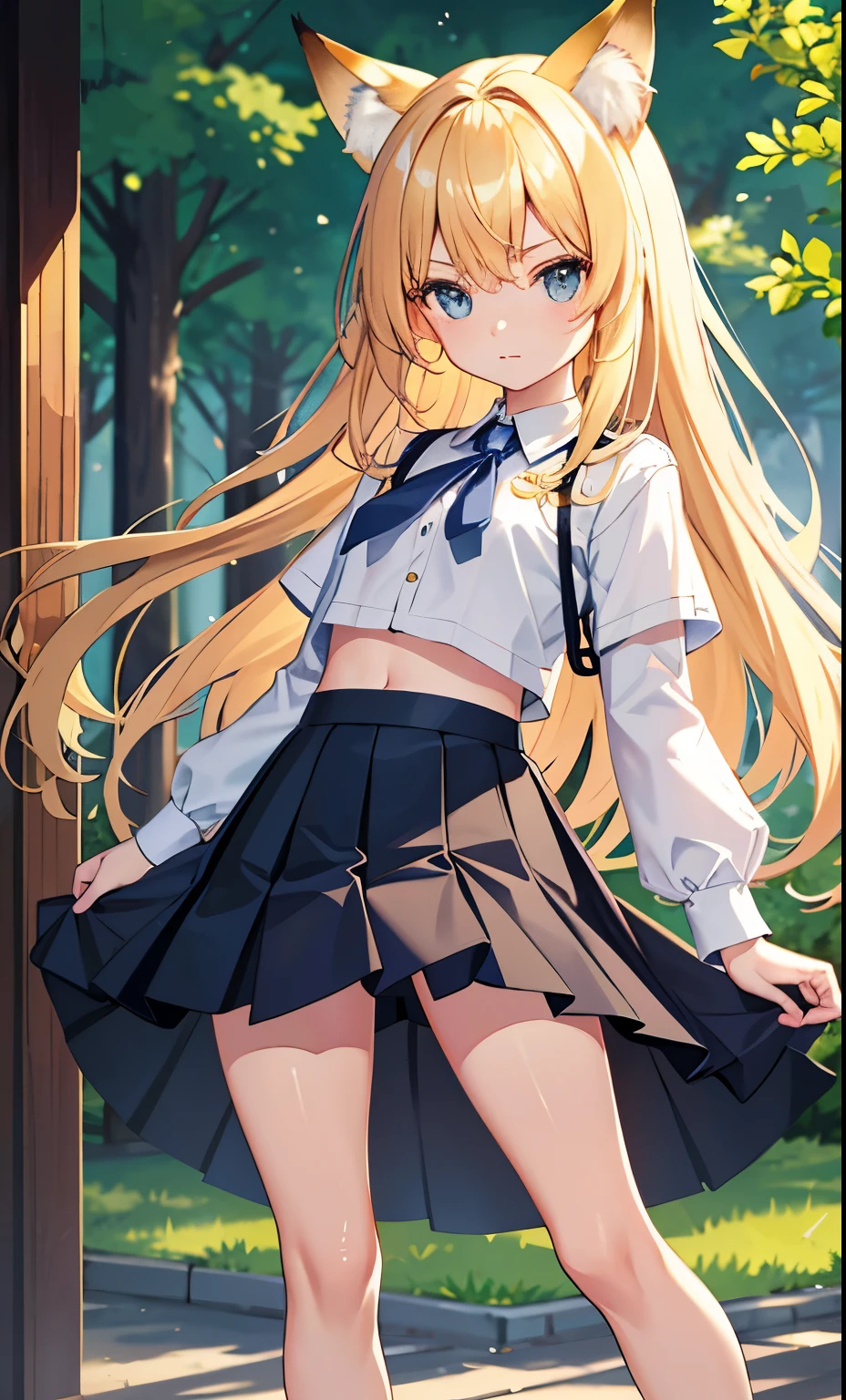 girl、shirt、skirt、（small breasts）、flat chest、cute crotch、movement、（small breasts）、fox ears、blonde hair、15 years old、