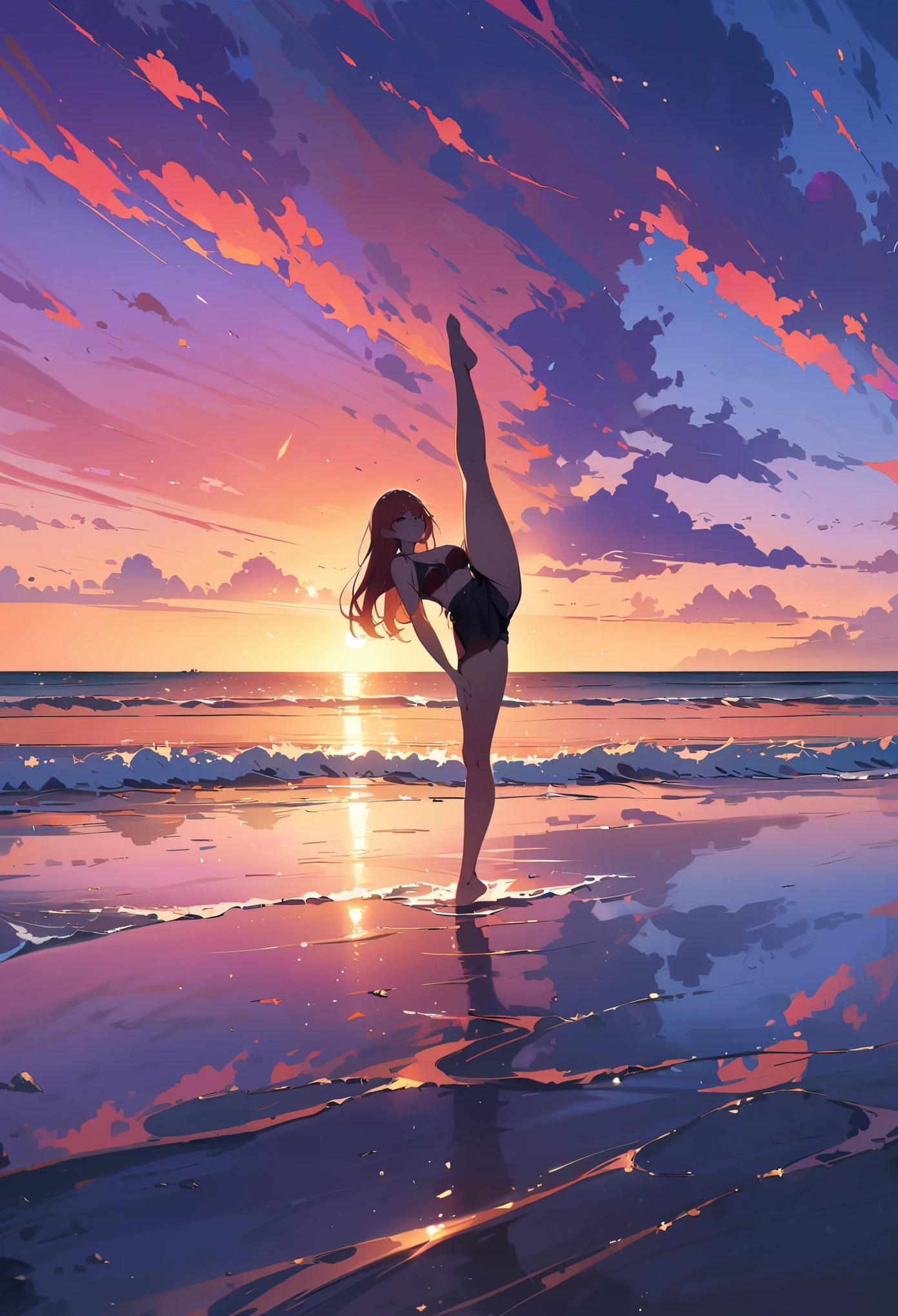 (masterpiece, best quality:1.2), 1girl, solo,standing_split, 
1girl,cloudy_sky,gradient_sky, horizon,ocean, orange_sky,evening, purple_sky, red_sky, reflection,  scenery,sun, sunlight,,masterpiece,best quality,ultra-detailed, perfect lighting,reflection, 