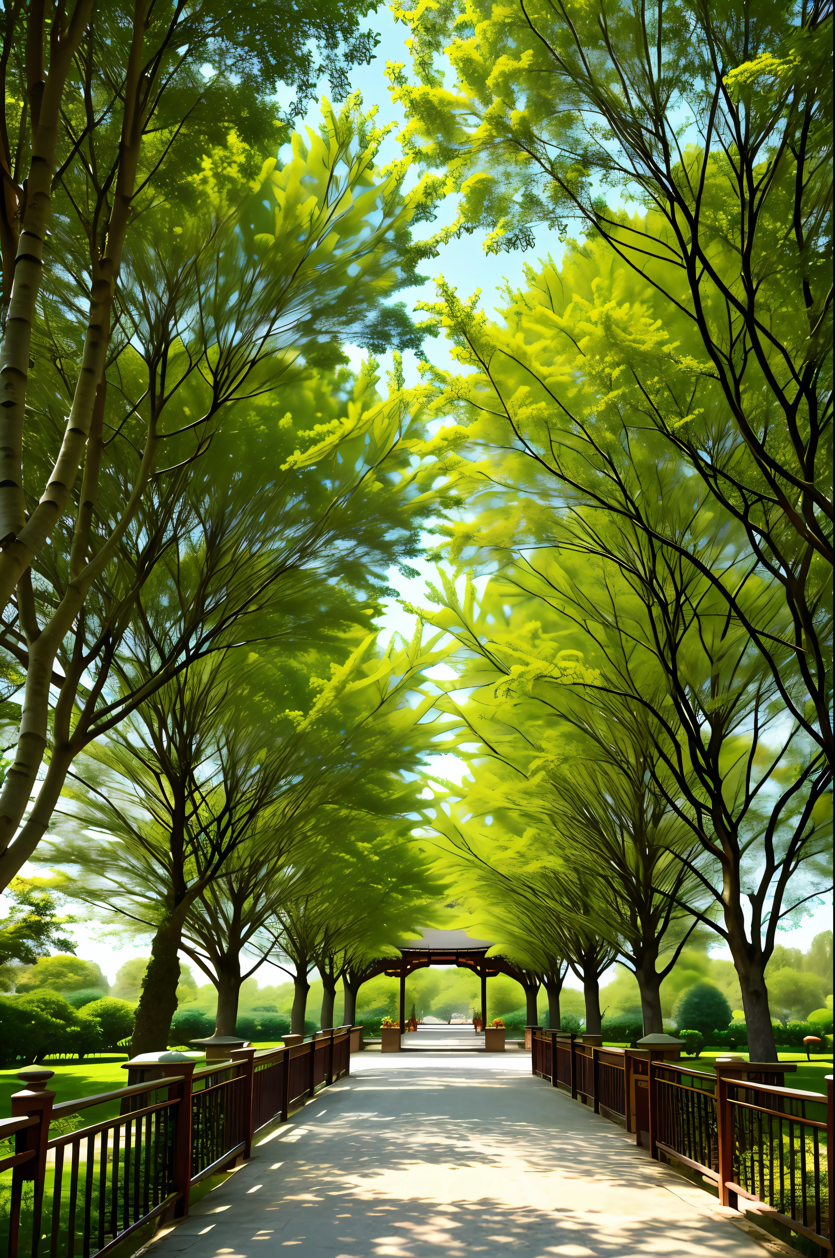 West lake view, willow trees, lotus, gazebo, corridor, sunny, lots of details, high quality, 8k