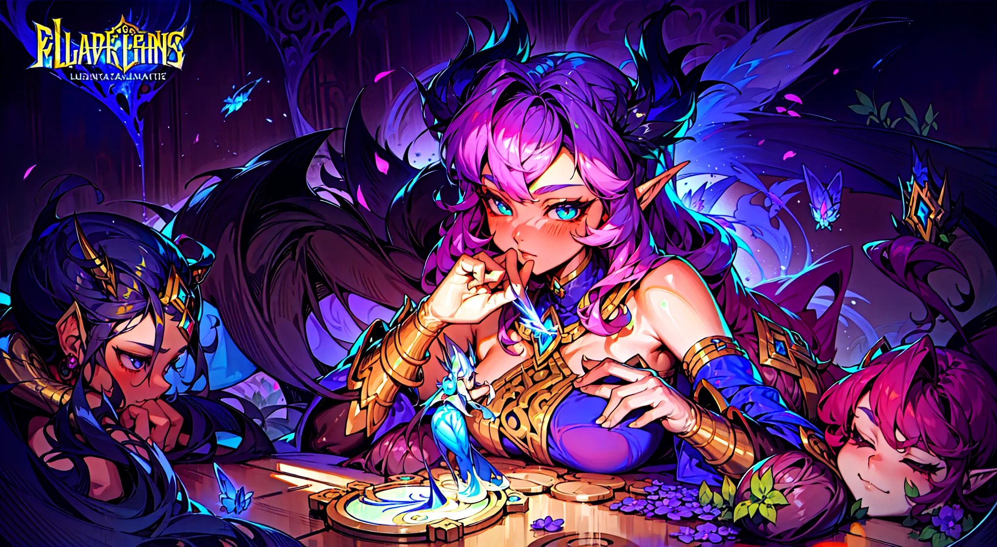 桌面一个小Elf卡通图片,Three people were watching,小Elf被人操控, tan skin, League of Legends art style, Official splash art, From League of Legends, League of Legends style art, Elf, Elfs, Style ivan talavera and artgerm, guys, fairies, fantasy art style, zanlatalia, tan skin, character splash art