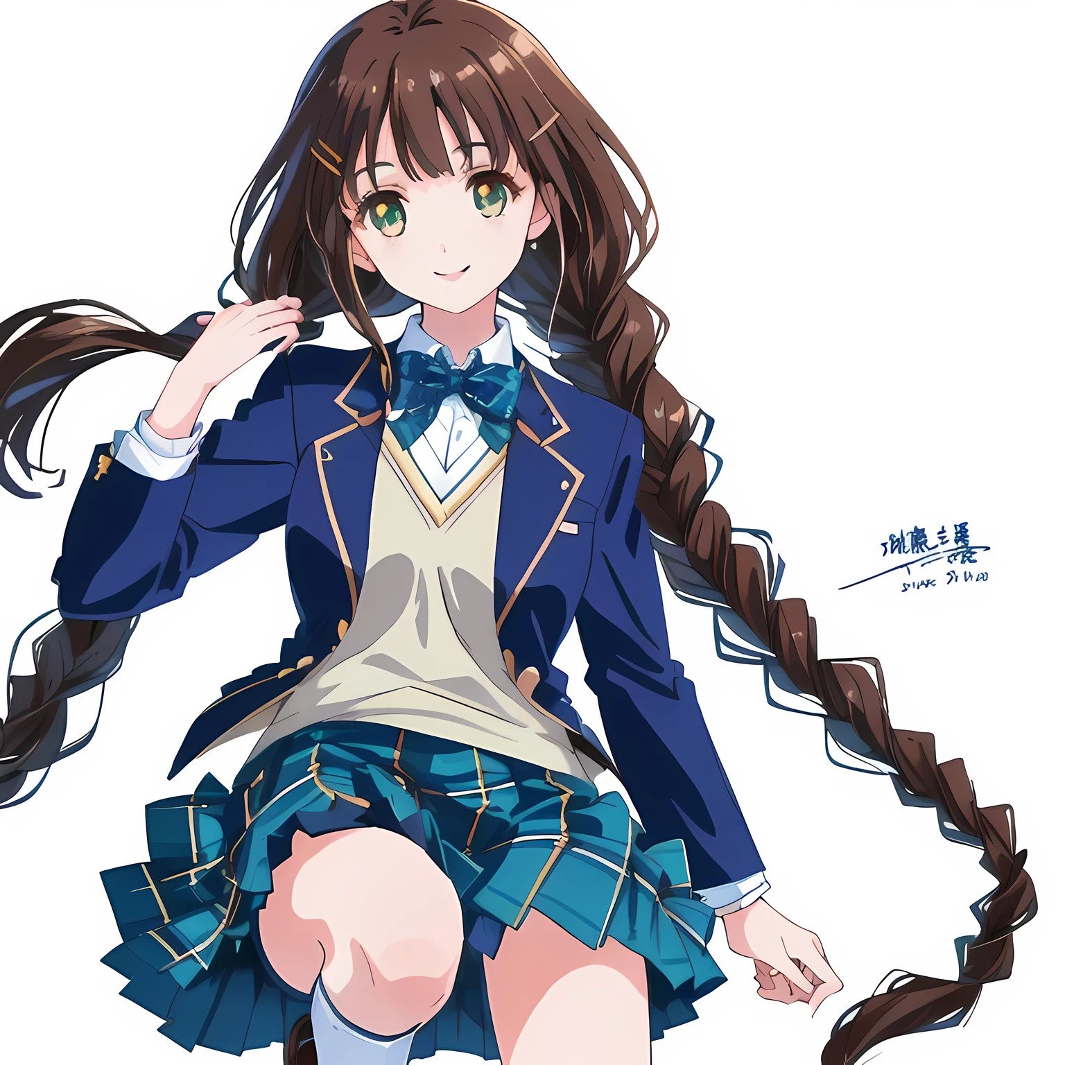 highest quality, (masterpiece:1.2), High resolution, perfect pixel, very detailed,thin sharp lines, ((anime art style)), ((smooth texture:1.2)), ２A girl looks at the viewer and smiles happily., glossy lips, Neat and nice smile, big brown eyes, (((dark brown hair))), All , big shiny hair clip, , ((Dark blue blazer with golden emblem on the left chest)), ((絹のような質感の realistic girly large deep blue Japanese school ribbon bow tie)), very shiny hair、laughter、bright look、Both face and hair catch the light and shine, Cute braids, (((a pair of dark brown tightly braids hair style))), ((((smooth shiny realistic dark blue & deep navy colored tartan checkered middle long skirt)))), the skirt is very cute, brown leather shoes, white socks, 