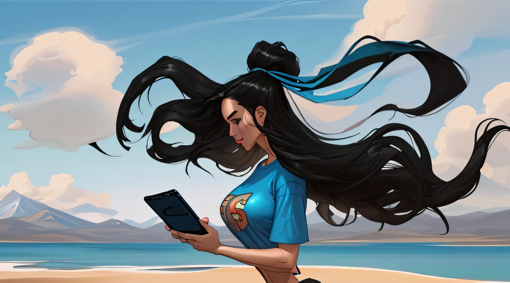 20 year old girl, pelo largo, cabello negro en el viento, Bariloche, celular en mano, camiseta azul, Caucasian, pechos grandes, tiro de vaquero, oblicuo, obra maestra, anatomically correct, Super detail, detalles altos, alta calidad, 16k