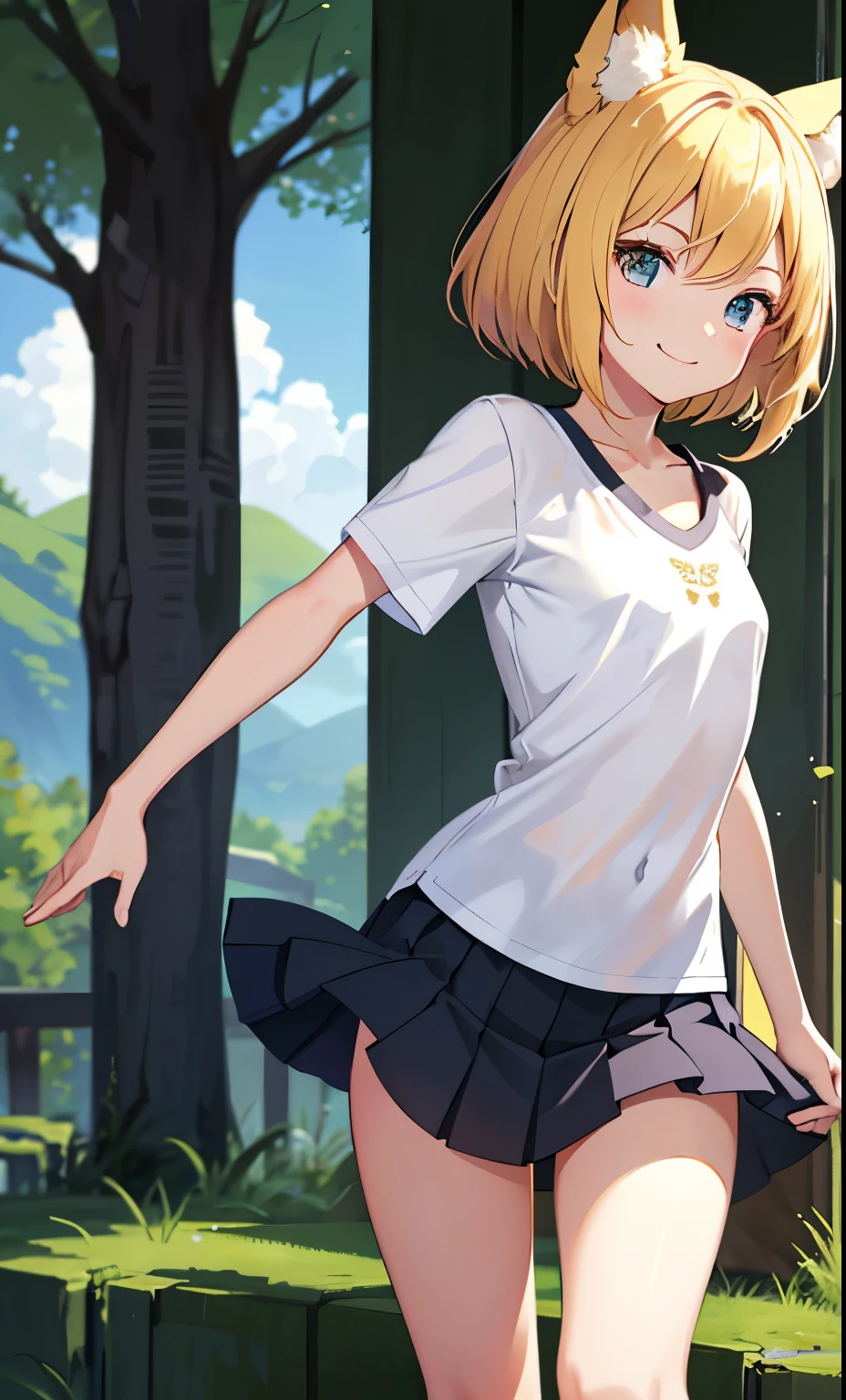 girl、smile、shirt、skirt、（small breasts）、flat chest、cute crotch、movement、（small breasts）、fox ears、blonde hair、15 years old、