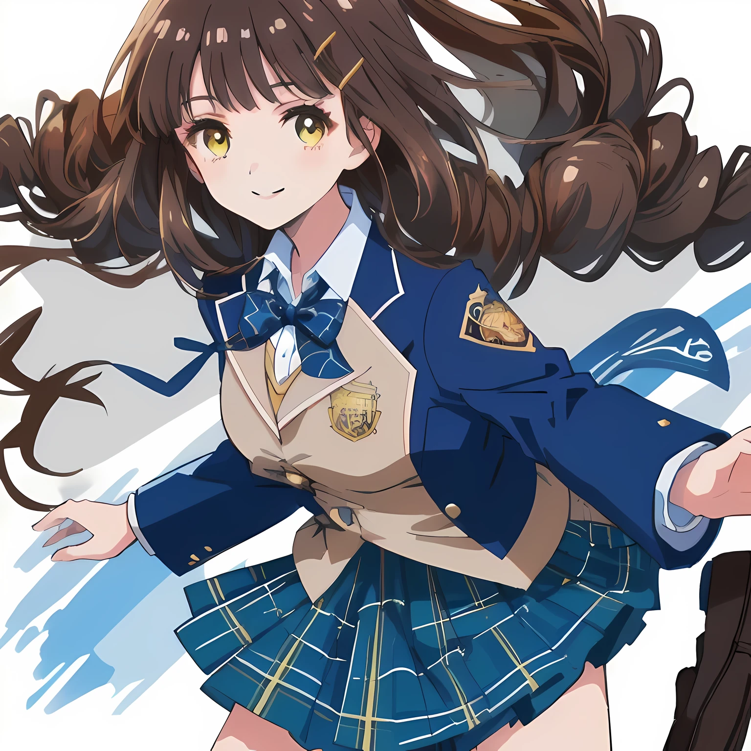 highest quality, (masterpiece:1.2), High resolution, perfect pixel, very detailed,thin sharp lines, ((anime art style)), ((smooth texture:1.2)), ２A girl looks at the viewer and smiles happily., glossy lips, Neat and nice smile, big brown eyes, (((dark brown hair))), All 15 years old, big shiny hair clip, , ((Dark blue blazer with golden emblem on the left chest)), ((絹のような質感の realistic girly large deep blue Japanese school ribbon bow tie)), very shiny hair、laughter、bright look、Both face and hair catch the light and shine, Cute braids, (((a pair of dark brown tightly braids hair style))), ((((smooth shiny realistic dark blue & deep navy colored tartan checkered middle long skirt)))), the skirt is very cute, brown leather shoes, white socks, 