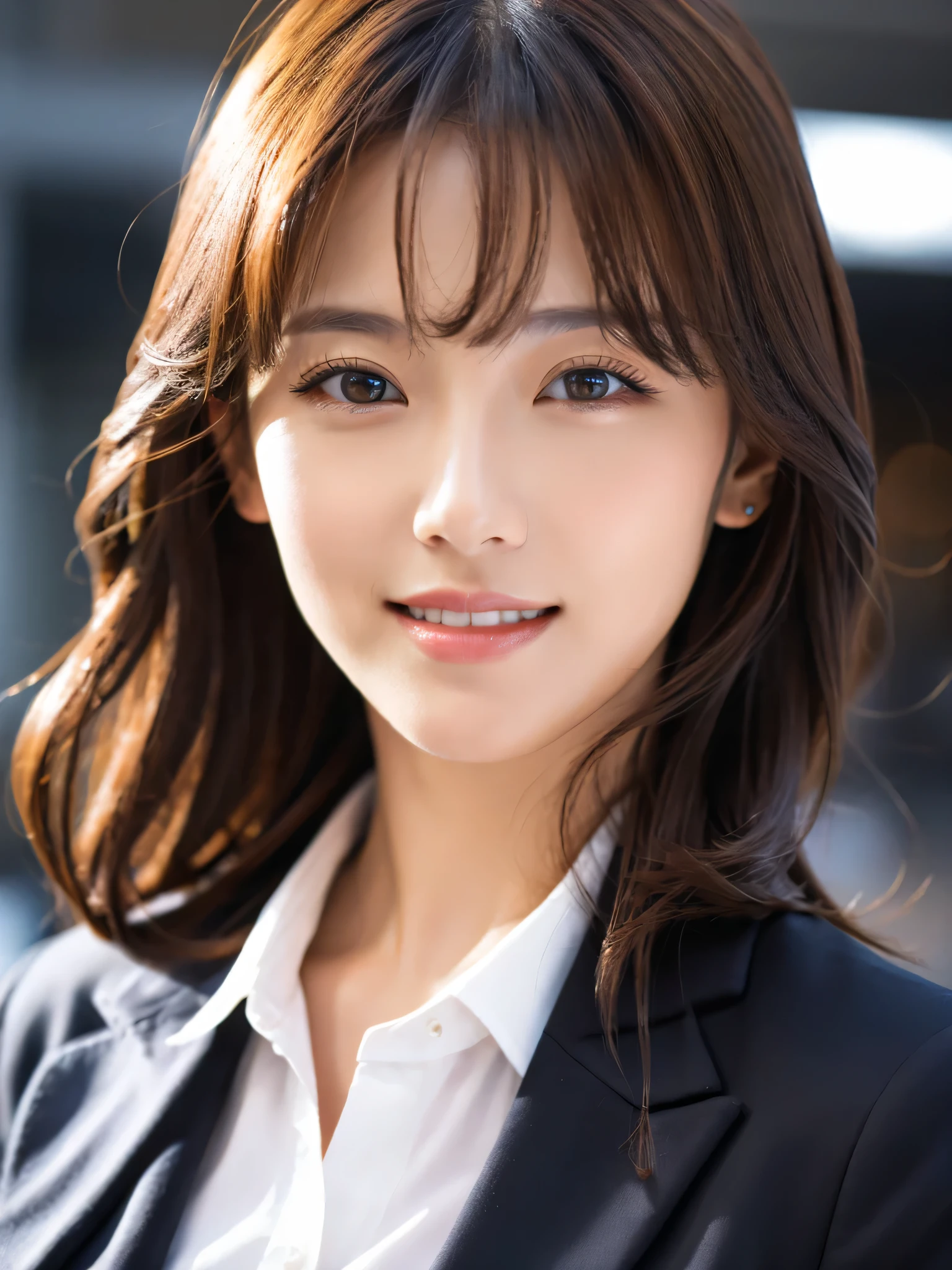 table top、highest quality、genuine、Super detailed、finely、High resolution、8k wallpaper、one beautiful woman、、、light brown disheveled hair、wearing a business suit、sharp focus、perfect dynamic composition、beautiful and detailed eyes、thin hair、Detailed genuine skin texture、smile、close-up portrait、model body shape