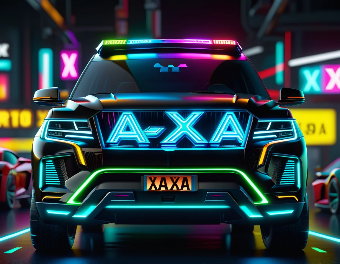 Neon sign "Xa-Xa" (text "Xa-Xa") instead of the registration number on the futuristic SUV, hyper detailed, trending on artstation, sharp focus, studio photo, intricate details, highly detailed, close-up, neon ambiance, abstract black oil, gear mecha, detailed acrylic, grunge, intricate complexity, rendered in unreal engine, photorealistic, with the caliber of 8k artistic photography. High Resolution, High Quality, Masterpiece. 