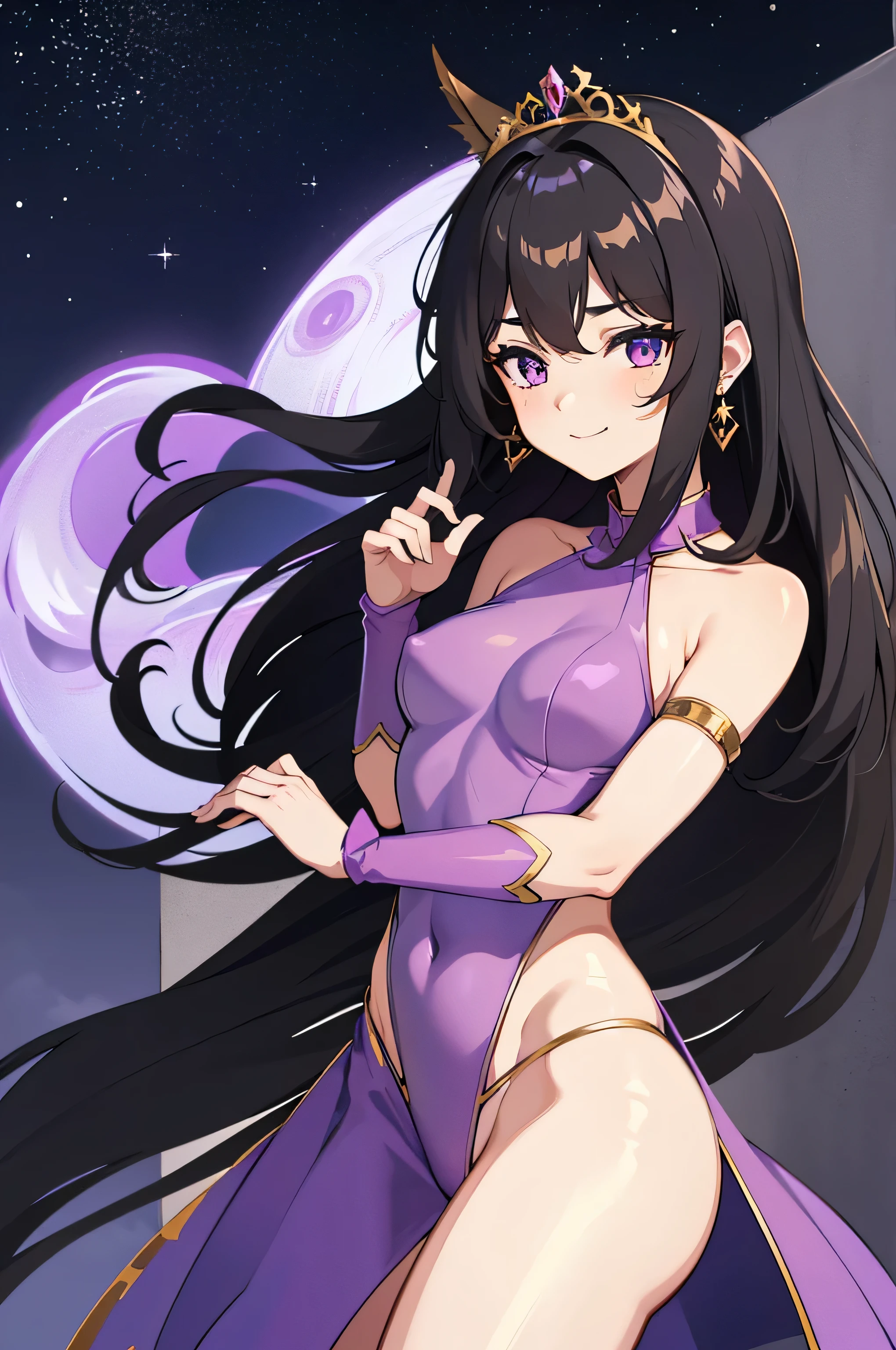 (best quality,8k,hi-res),beautiful detailed purple eyes,cute and pretty girl,strong anime style,feminine fox girl with short black hair (slightly wavy hair),medium-size breasts and cute fox tail, wearing earrings and a (princess tiara:1.1). Her face is clear and she has an adorable expression with a small smile.