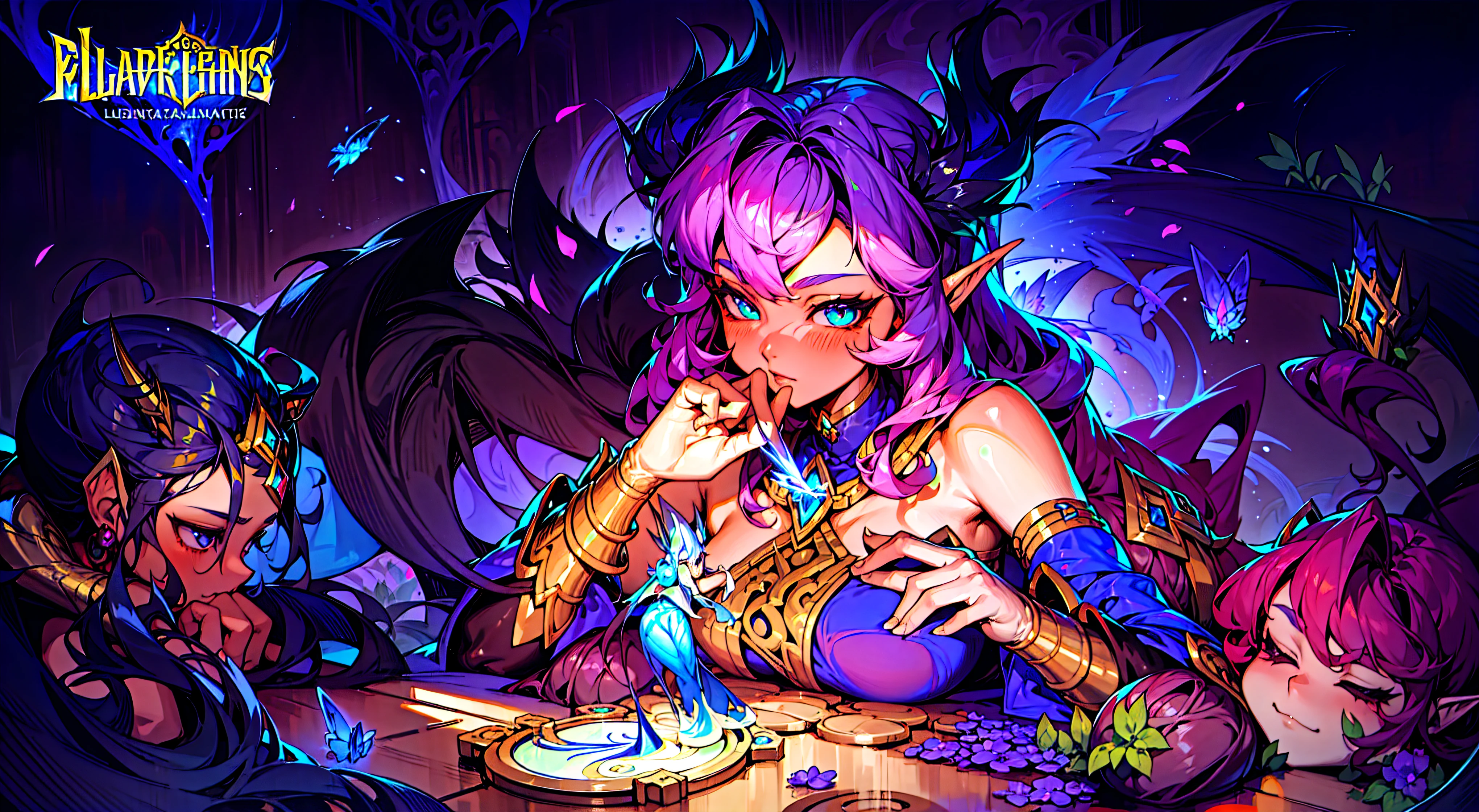桌面一个小Elf卡通图片,three people watching,小Elf被人操控, Bronzed skin, League of Legends art style, Official splash art, From League of Legends, League of Legends style art, Elf, Elfs, Style ivan talavera and artgerm, guys, fairies, fantasy art style, zanlatalia, Bronzed skin, character splash art