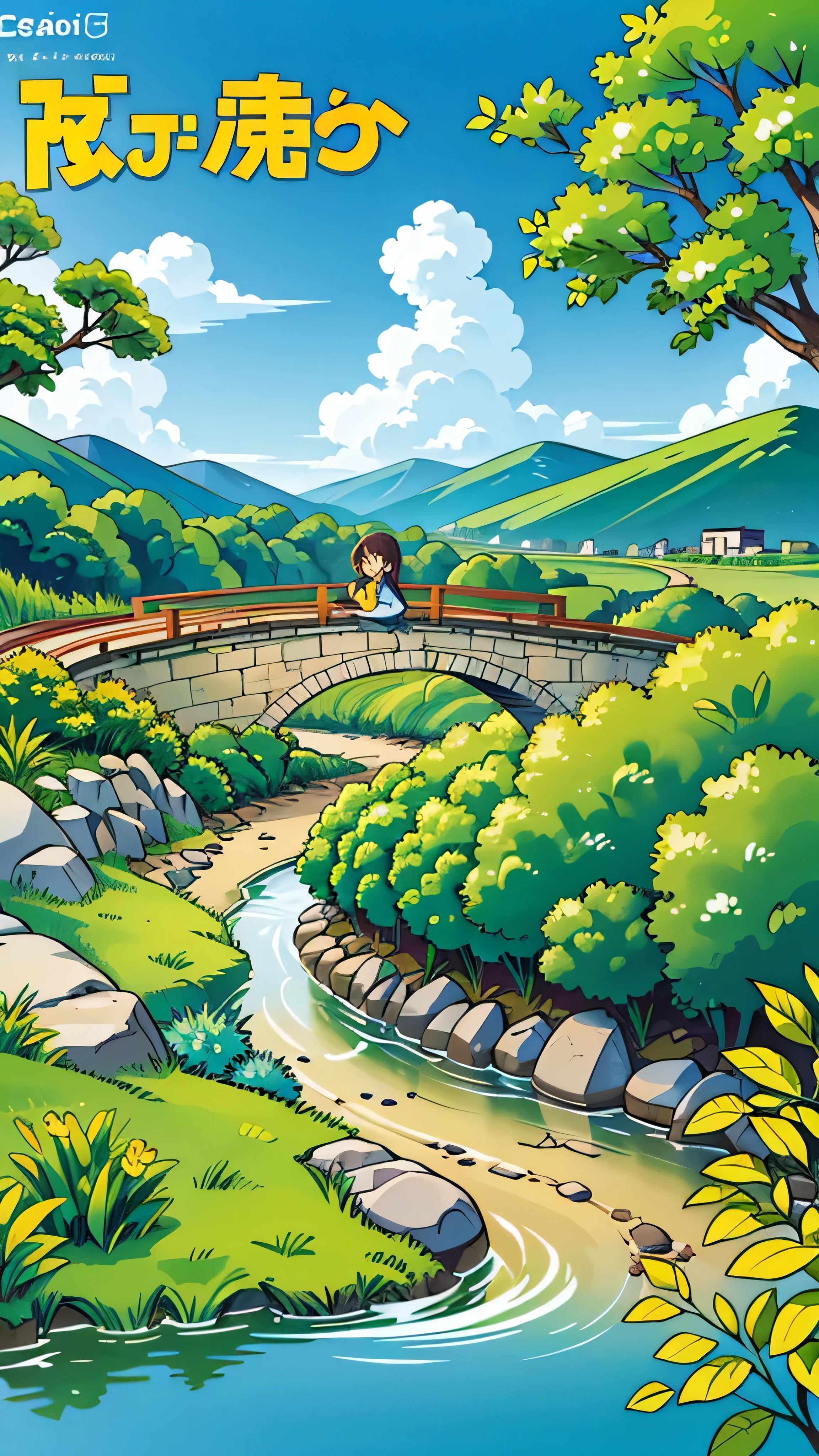 a simple stone bridge，Zoom in and focus on the stone bridge，creek，green hills，grassland，Baiyun，blue sky，swallow，lotus leaf，Flat illustration style