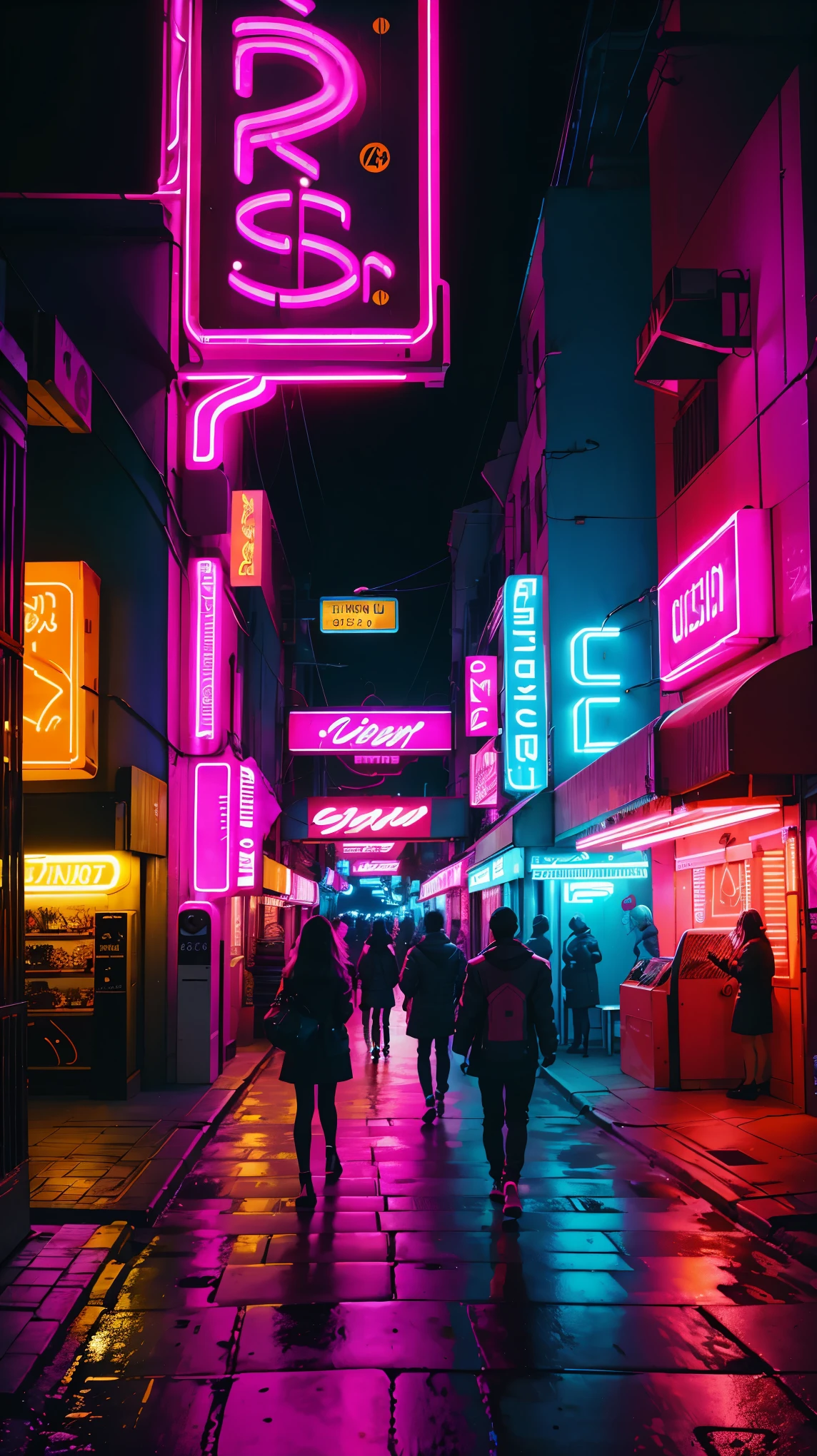 (best quality,ultra-detailed,realistic:1.37),vibrant pink neon sign,flamingo neon sign,glowing neon lights,retro style,shimmering reflections,urban nightlife,dark alleyway,late-night atmosphere,cityscape,neon-lit streets,nightclub,neon glow,energetic,exciting nightlife,electric atmosphere,colorful lights,striking contrast,urban art installation,colorful shadows,dynamic lines,graffiti,urban culture,exciting energy,people walking by,faint sound of music,futuristic city,modern,stylish,neon advertising,street photography,neon reflections,neon tubes,aesthetic design,sleek lines,glamorous,vivid colors,exquisite details,lively,immersive,glowing signage,nighttime cityscape,neon aesthetic,neon city,glowing pink,retro-futuristic skyline,nighttime revelry,thriving metropolis,neon paradise.
