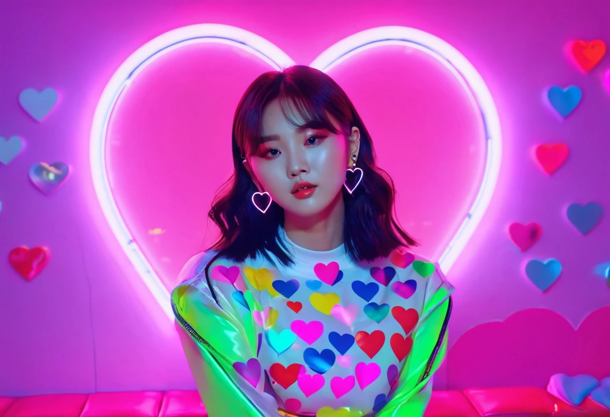 A neon sign with several colorful heart outlines is in the background of a cute female Kpop singer
