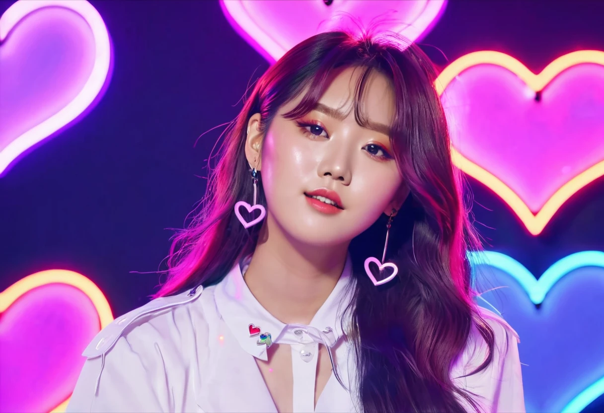 A neon sign with several colorful heart outlines is in the background of a cute female Kpop singer