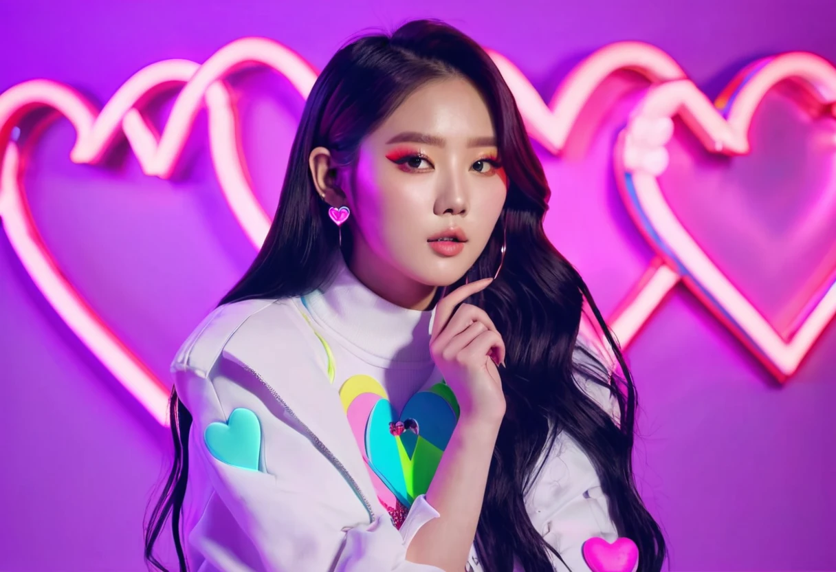 A neon sign with several colorful heart outlines is in the background of a cute female Kpop singer