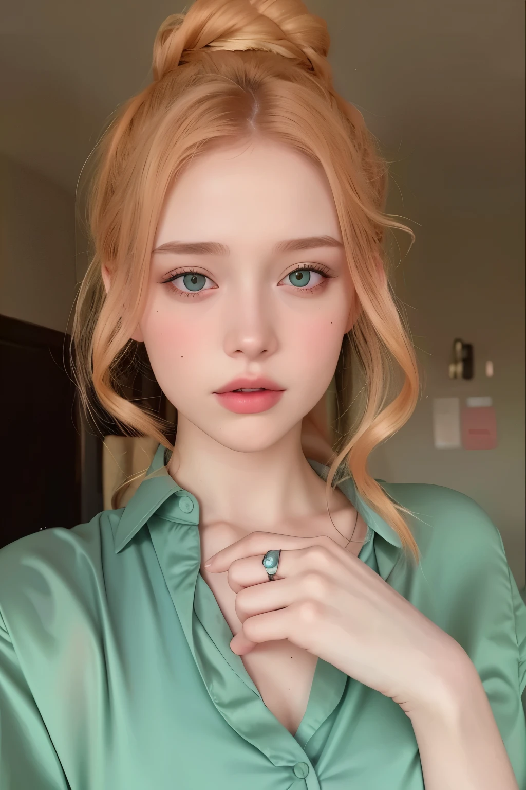 un primer plano de una mujer con una camisa verde y un anillo, lavabo sadie, hada ellie bamber, con pale skin, pale skin y brillante, eleanor tomlinson, pale skin suave natural, ellie bamber, Sidney Sweeney, con pelo rojo y ojos verdes, pale skin, suave e impecable, pale skin y clara!!, yelena belova, anna nikonova aka new milkmaid