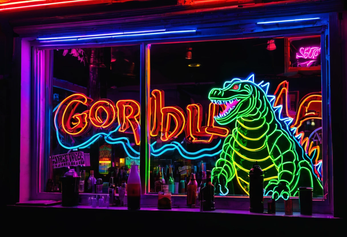 A neon sign in the window of a strip bar, the sign is a bright and colorful godzilla outline