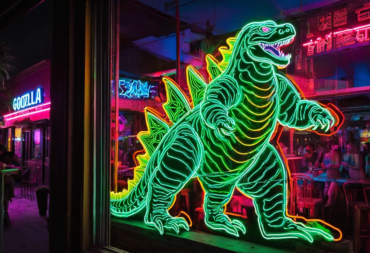 A neon sign in the window of a strip bar, the sign is a bright and colorful godzilla outline