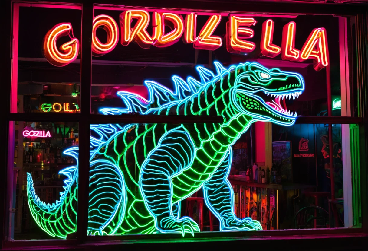 A neon sign in the window of a strip bar, the sign is a bright and colorful godzilla outline
