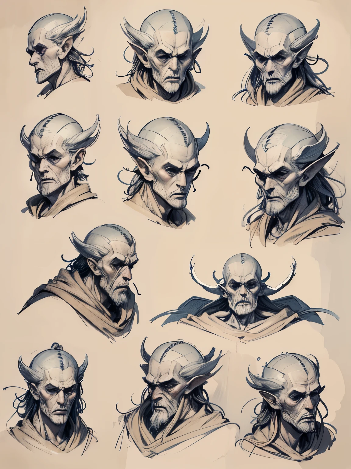 Drawings of the Slavic demon Piwosznik with notes and annotations reminiscent of da Vinci's study of anatomy. Sketches should be very detailed, focusing on unique ???????, paying attention to texture, shading and form.