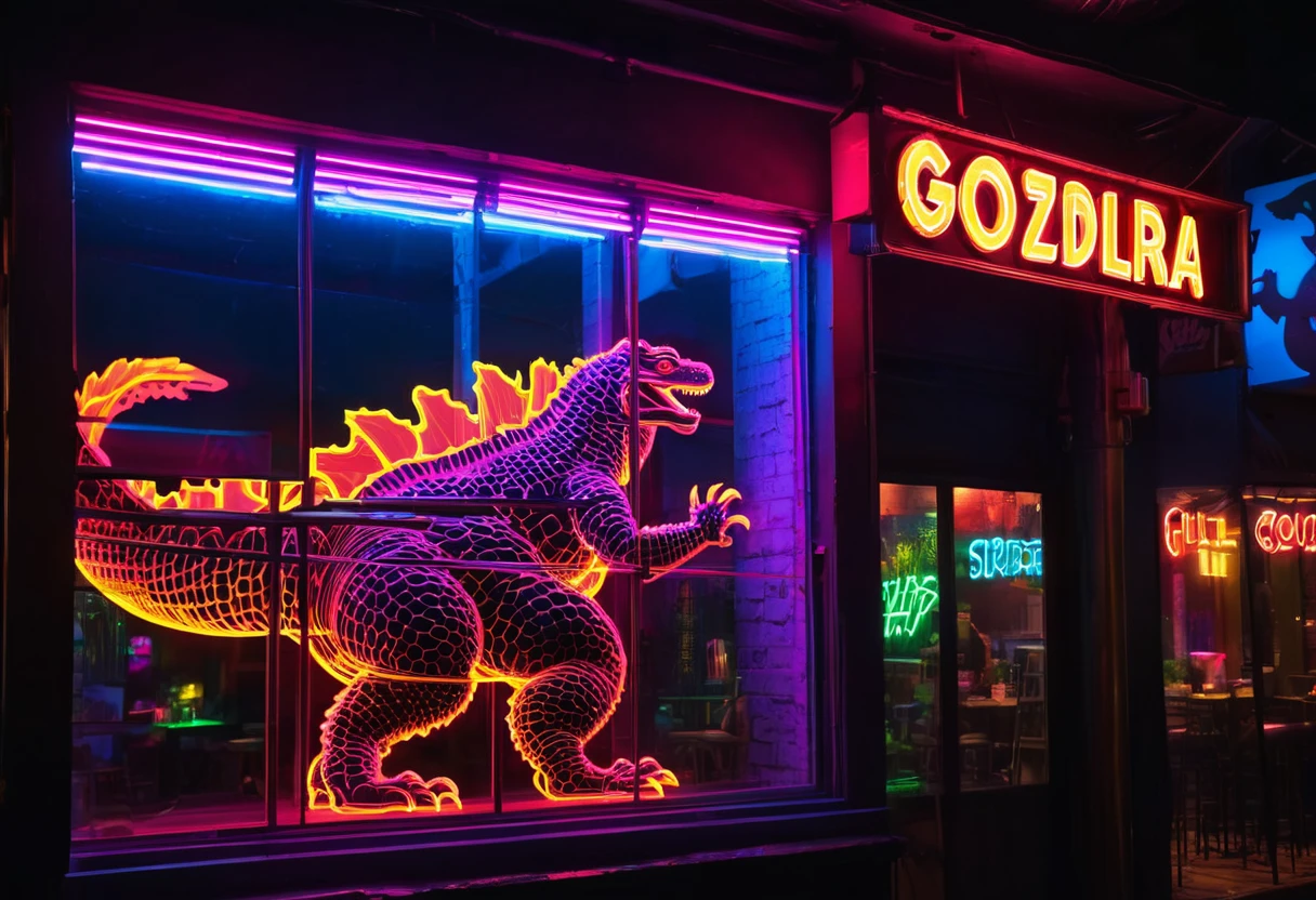 A neon sign in the window of a strip bar, the sign is a bright and colorful godzilla outline